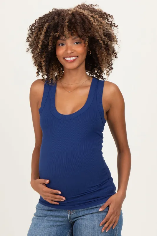 Navy Ribbed Scoop Neck Maternity Tank Top sold by Pinkblush