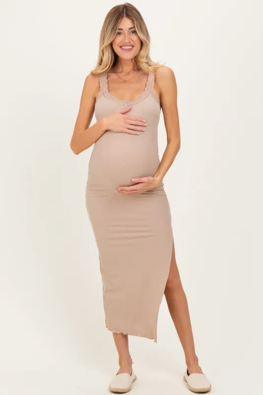 Beige Lace Trim Side Slit Maternity Tank Dress sold by Pinkblush