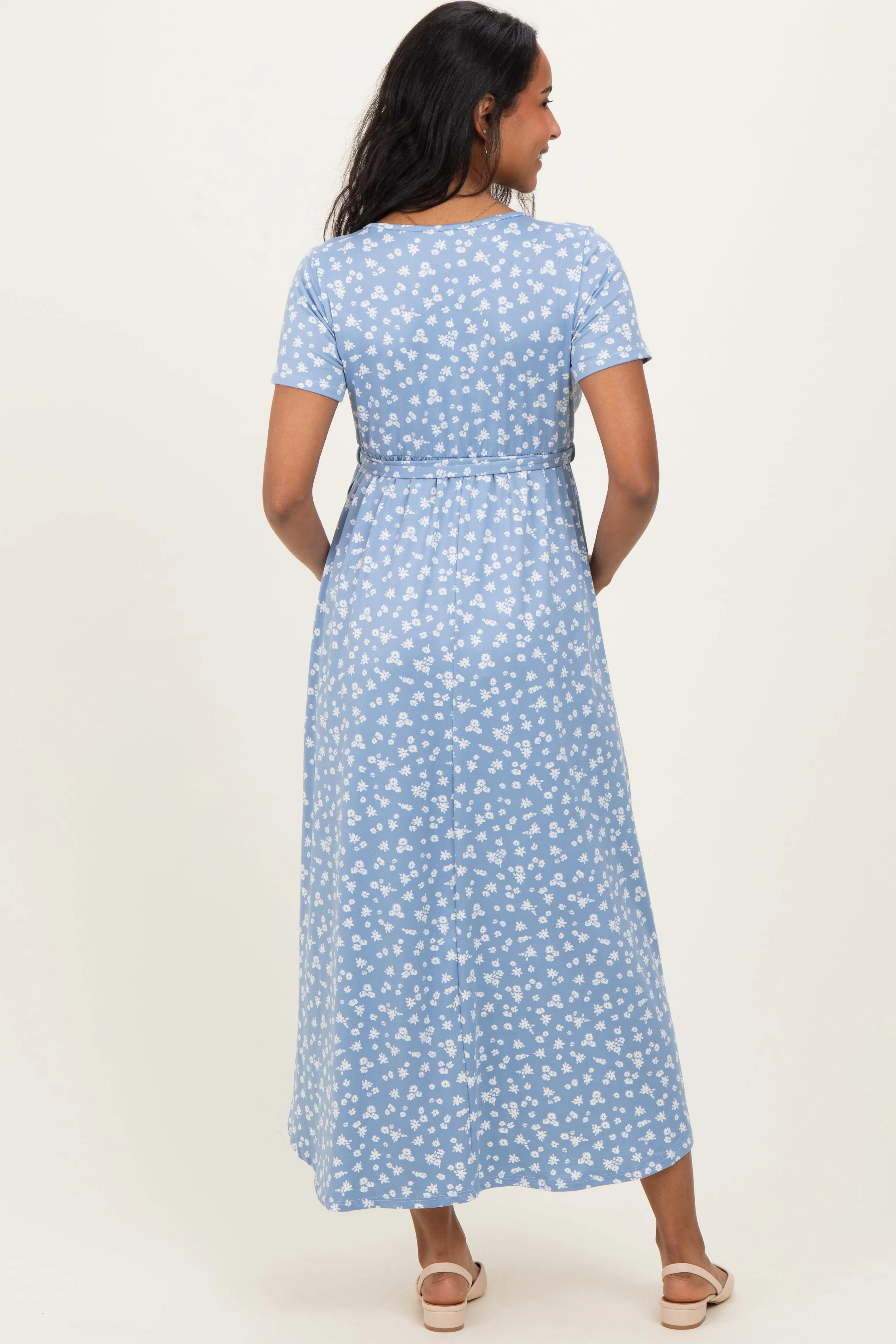 Blue Floral Print Short Sleeve Hi-Low Maternity Wrap Dress sold by Pinkblush product image thumbnail 4