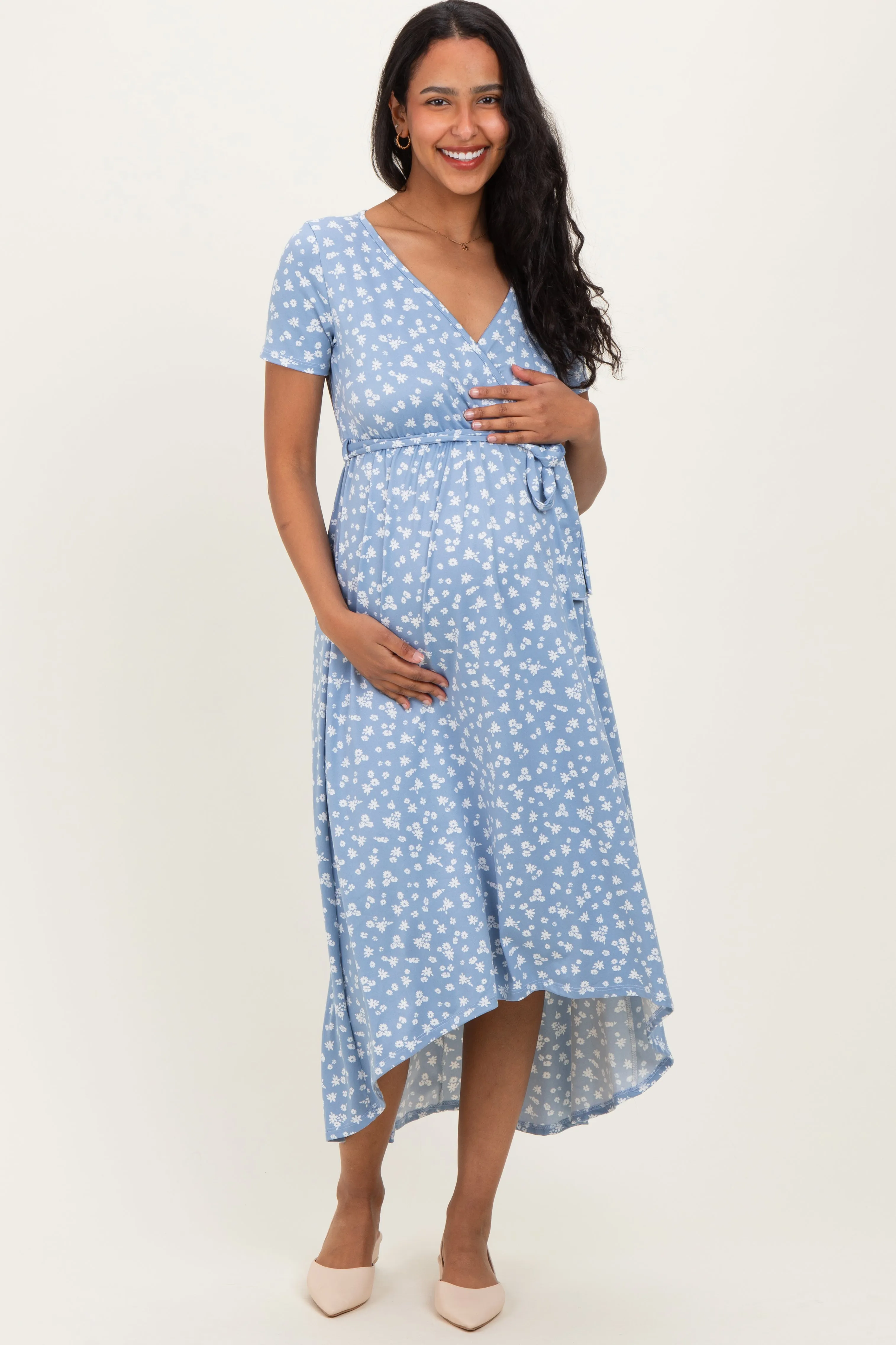 Blue Floral Print Short Sleeve Hi-Low Maternity Wrap Dress sold by Pinkblush