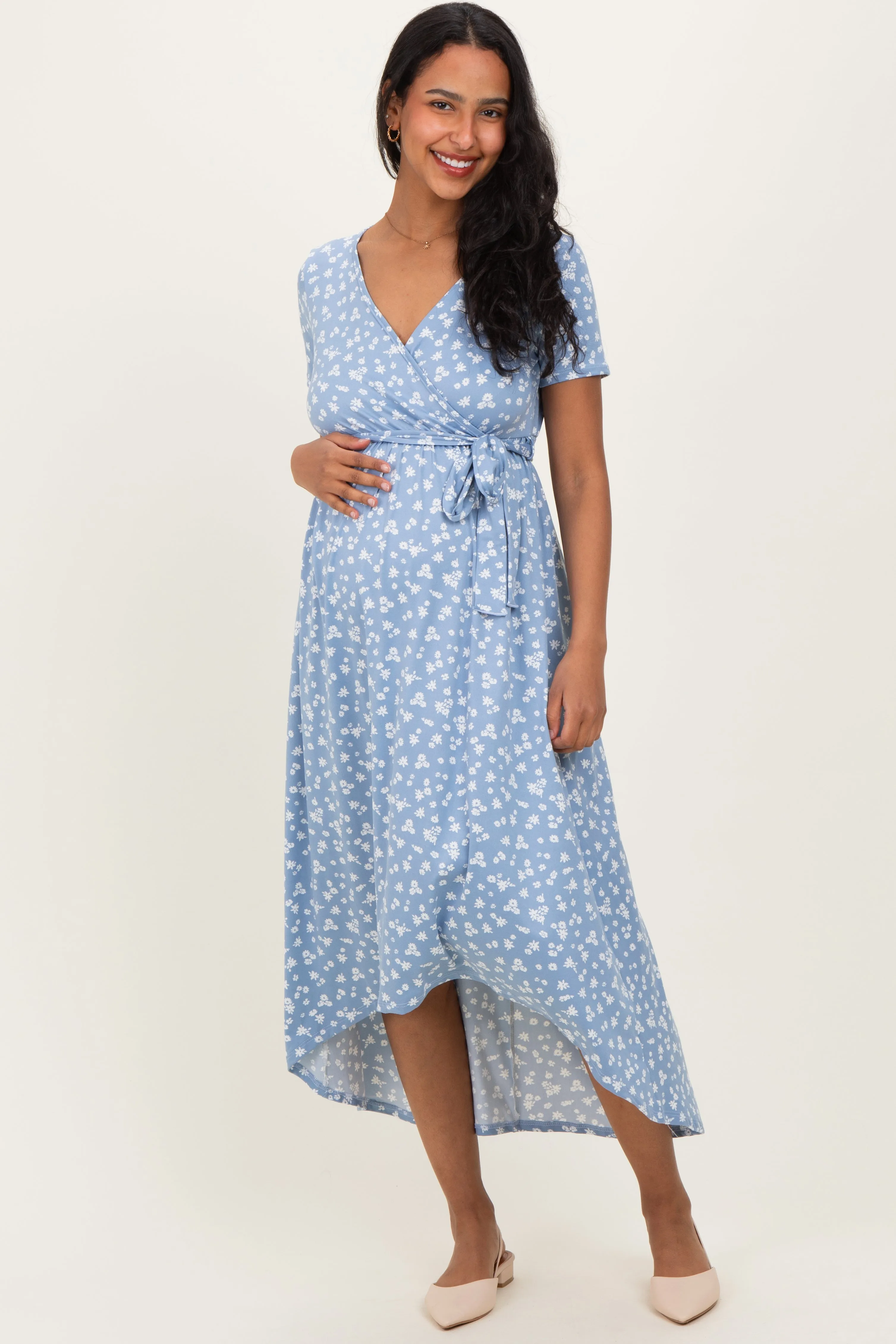 Blue Floral Print Short Sleeve Hi-Low Maternity Wrap Dress sold by Pinkblush product image thumbnail 2
