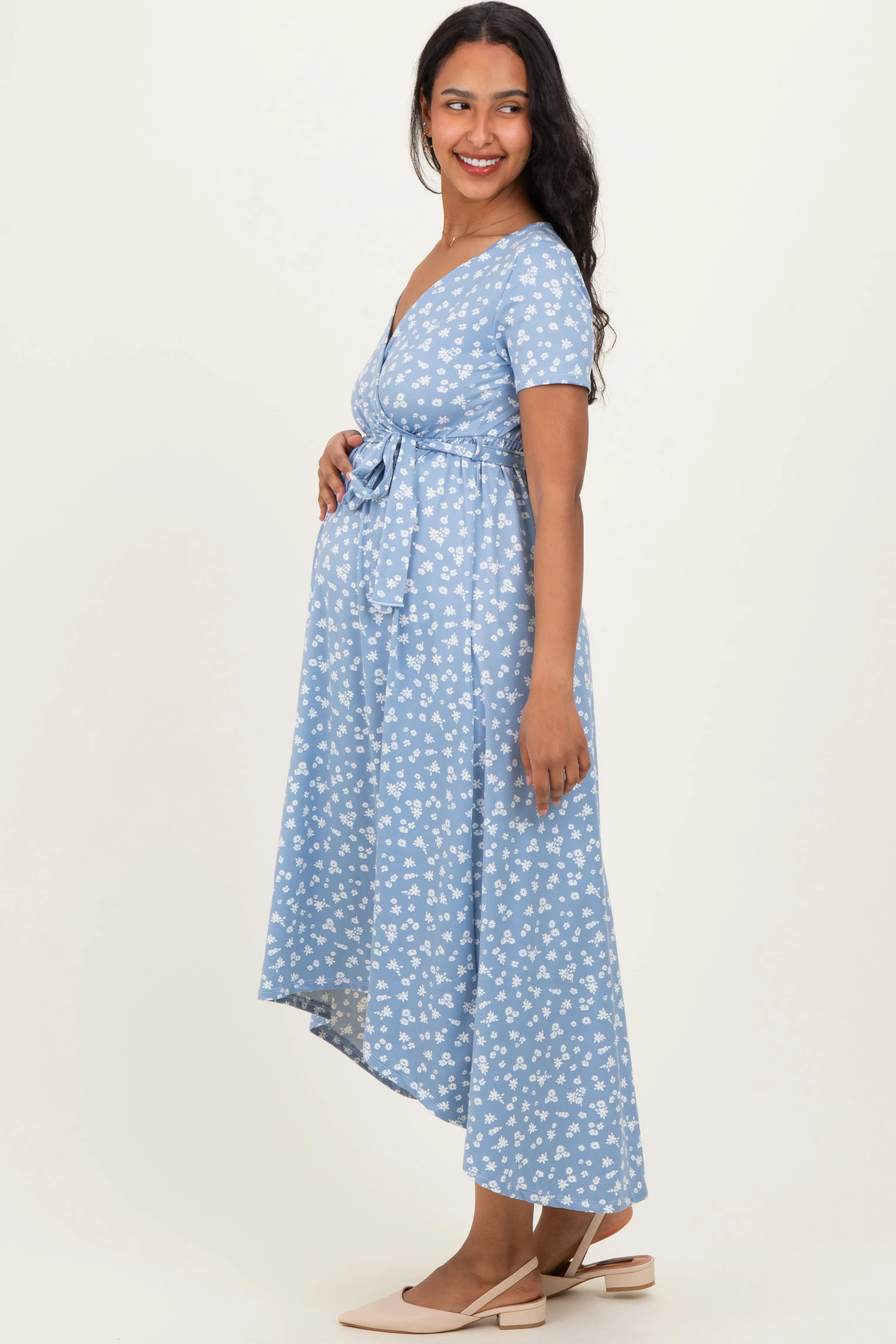 Blue Floral Print Short Sleeve Hi-Low Maternity Wrap Dress sold by Pinkblush product image thumbnail 3