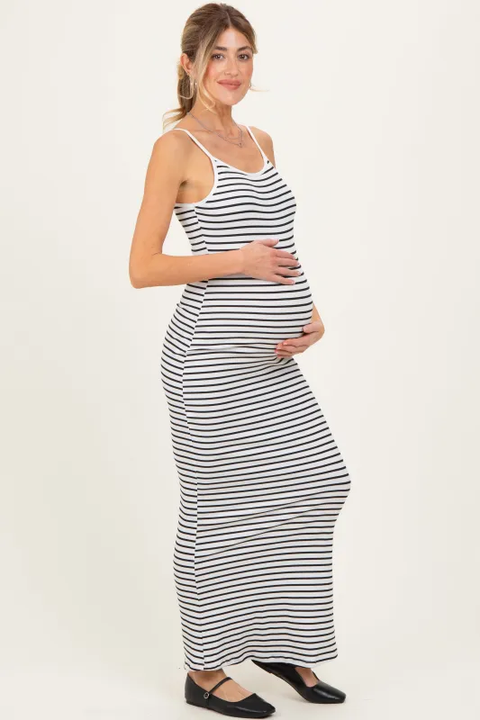 White Ribbed Knit Striped Sleeveless Maternity Maxi Dress sold by Pinkblush