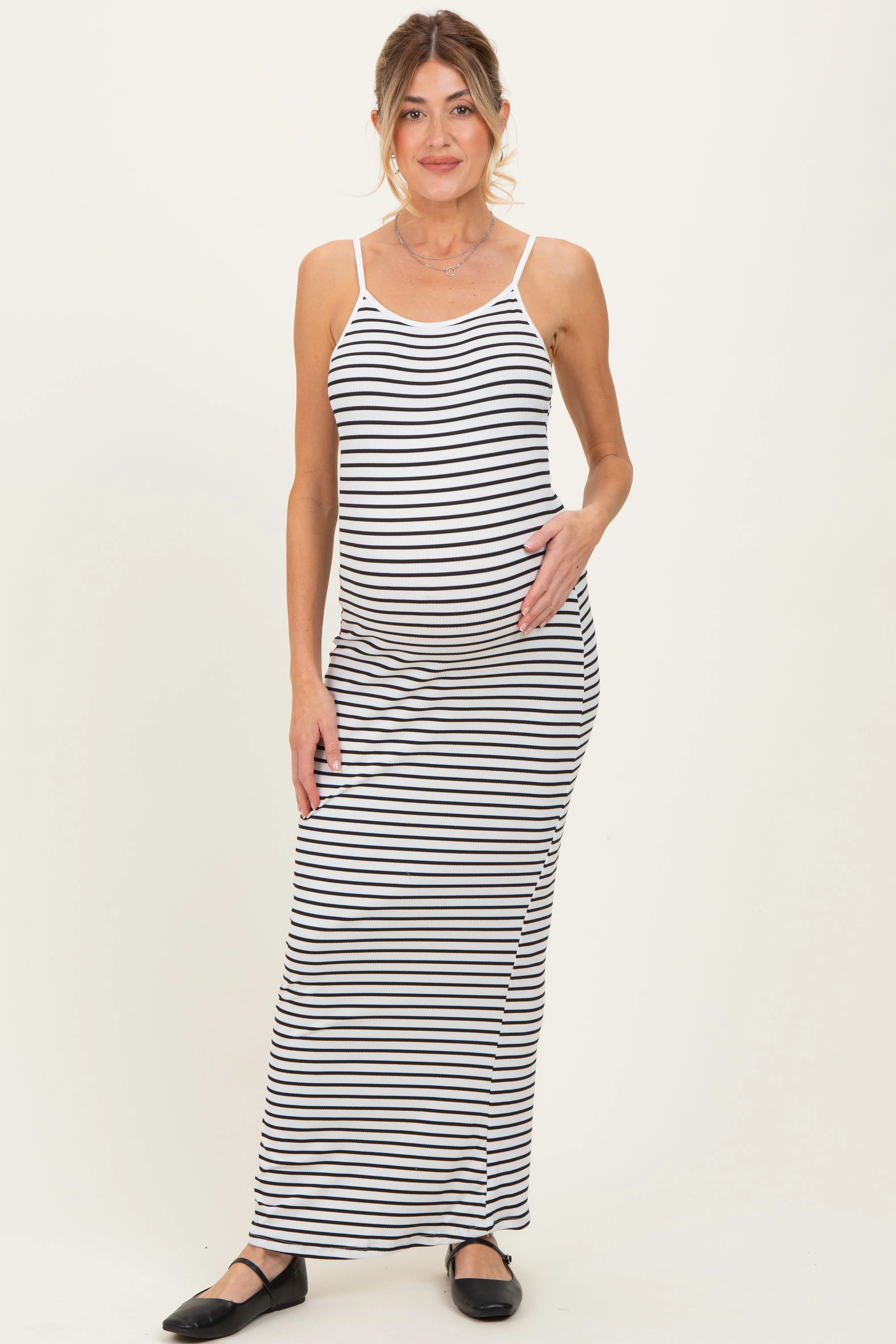 White Ribbed Knit Striped Sleeveless Maternity Maxi Dress sold by Pinkblush product image thumbnail 2