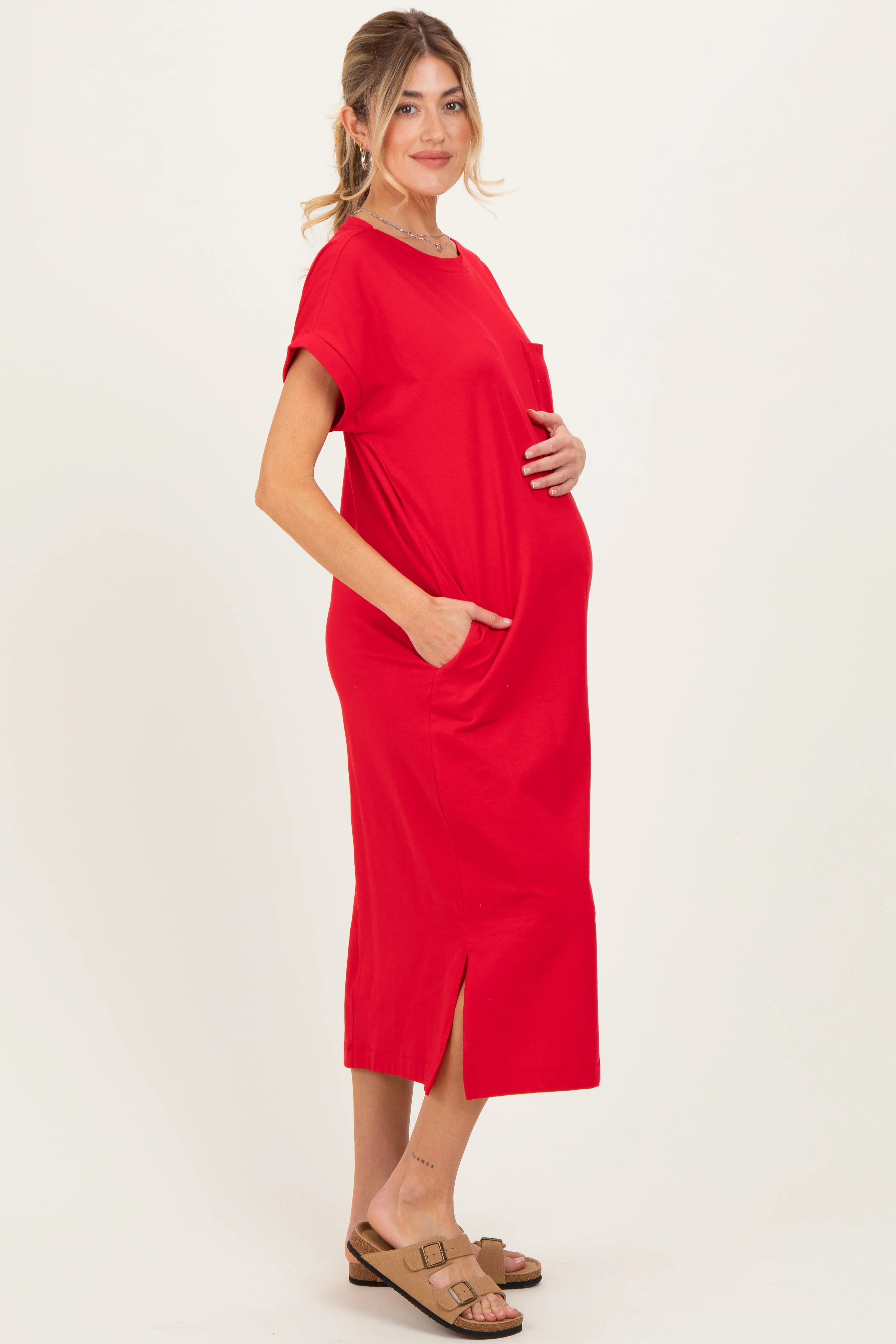 Red Pocket Front Maternity Midi T-Shirt Dress sold by Pinkblush product image thumbnail 2