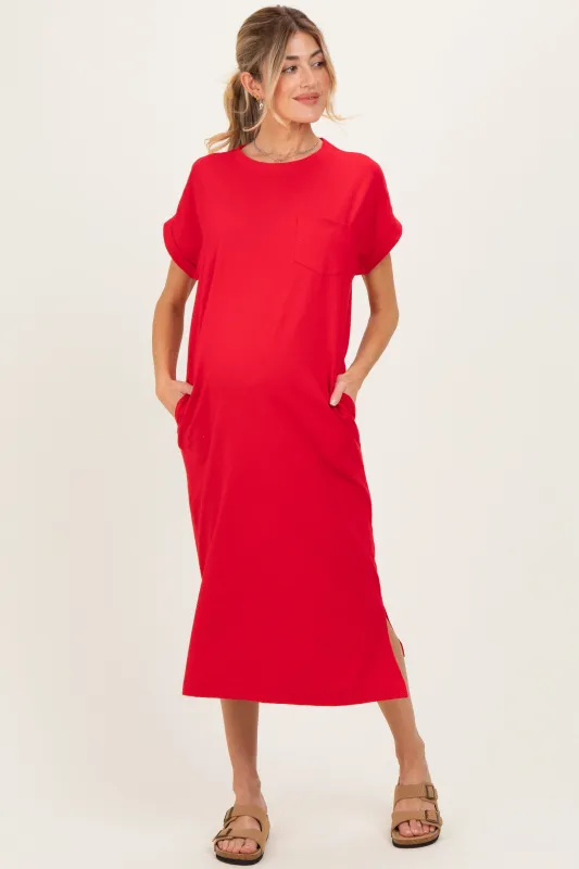 Red Pocket Front Maternity Midi T-Shirt Dress made by Zenana Outfitters