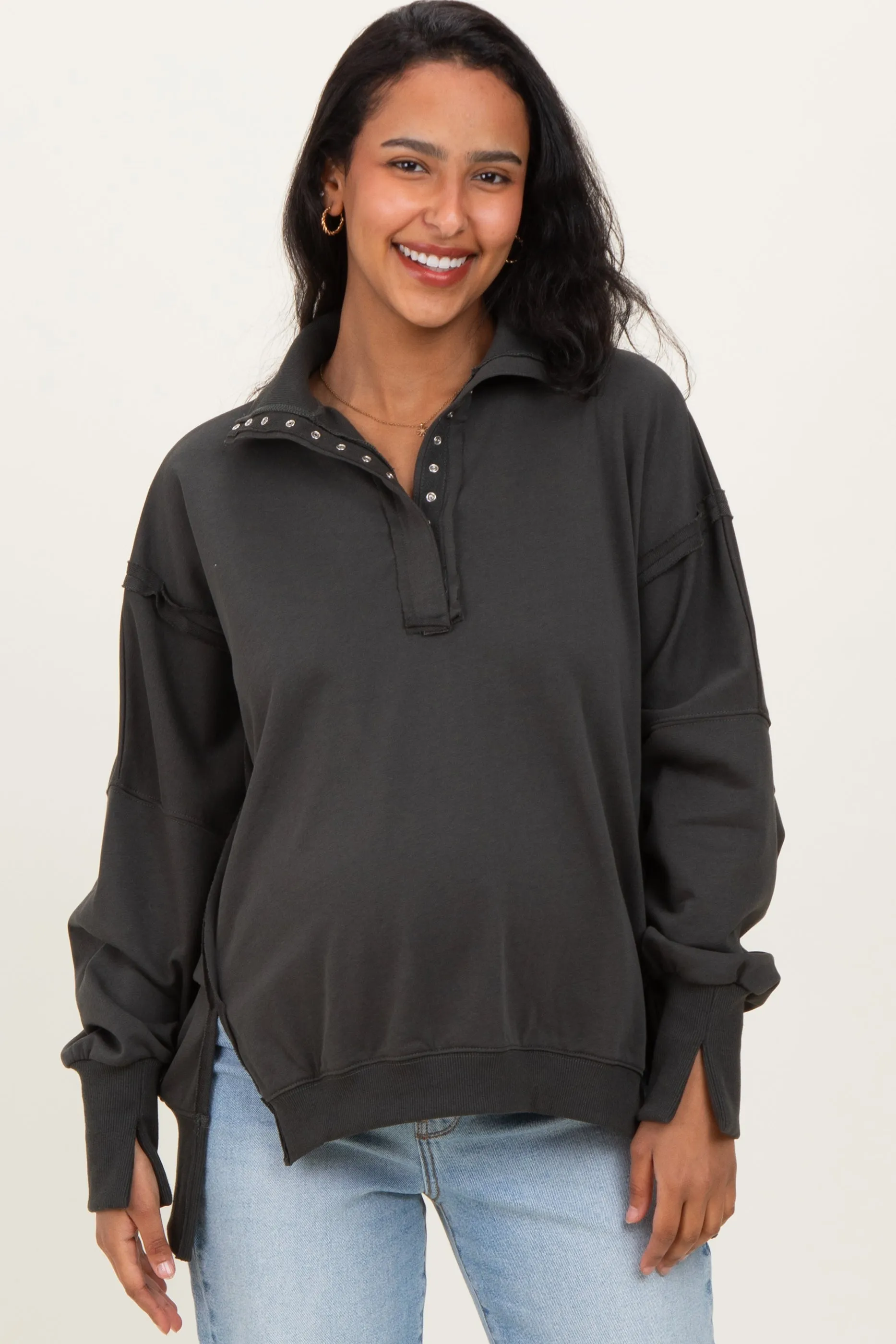 Charcoal Snap Button Pullover Henley Maternity Sweatshirt sold by Pinkblush