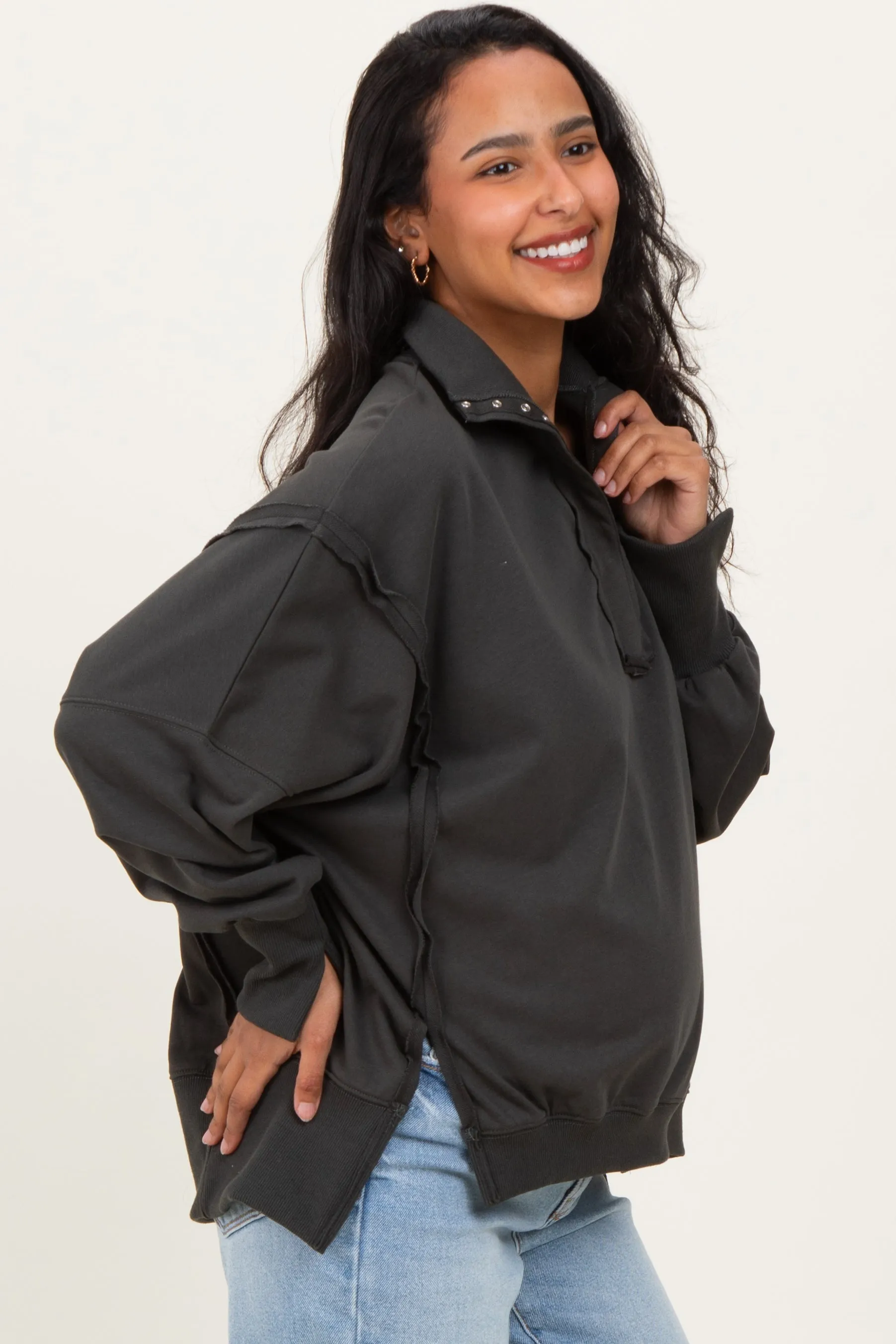 Charcoal Snap Button Pullover Henley Maternity Sweatshirt sold by Pinkblush product image thumbnail 2