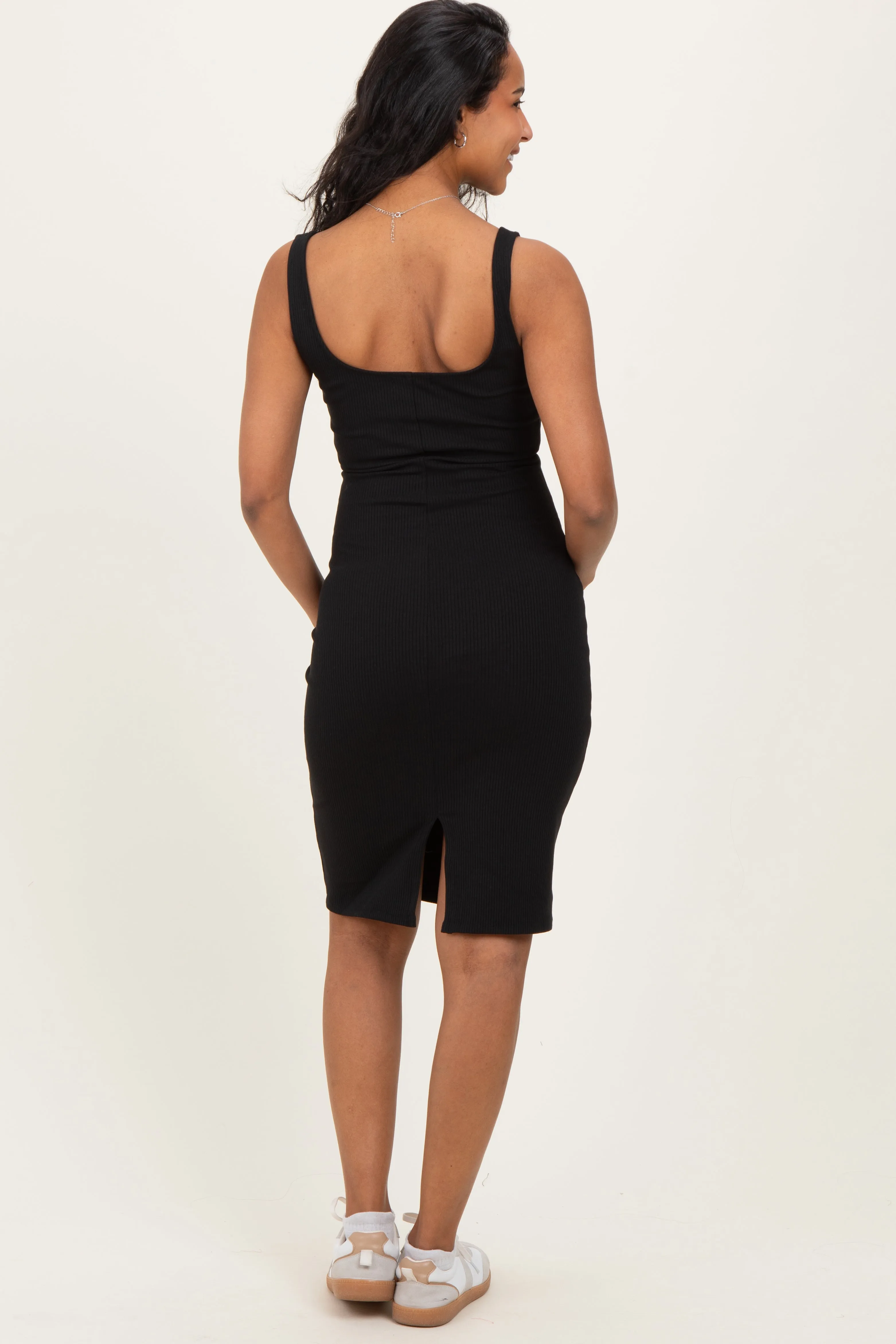 Black Ribbed Square Neck Maternity Tank Dress sold by Pinkblush product image thumbnail 4