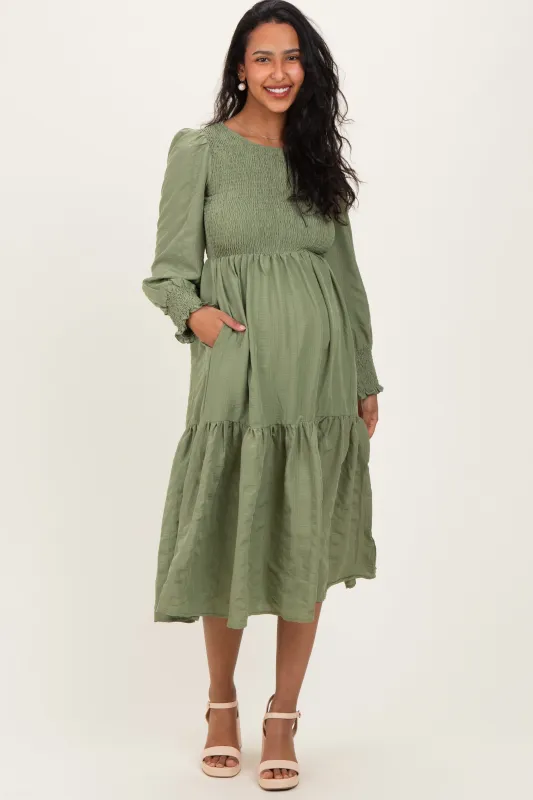 Olive Textured Stripe Smocked Maternity Midi Dress sold by Pinkblush