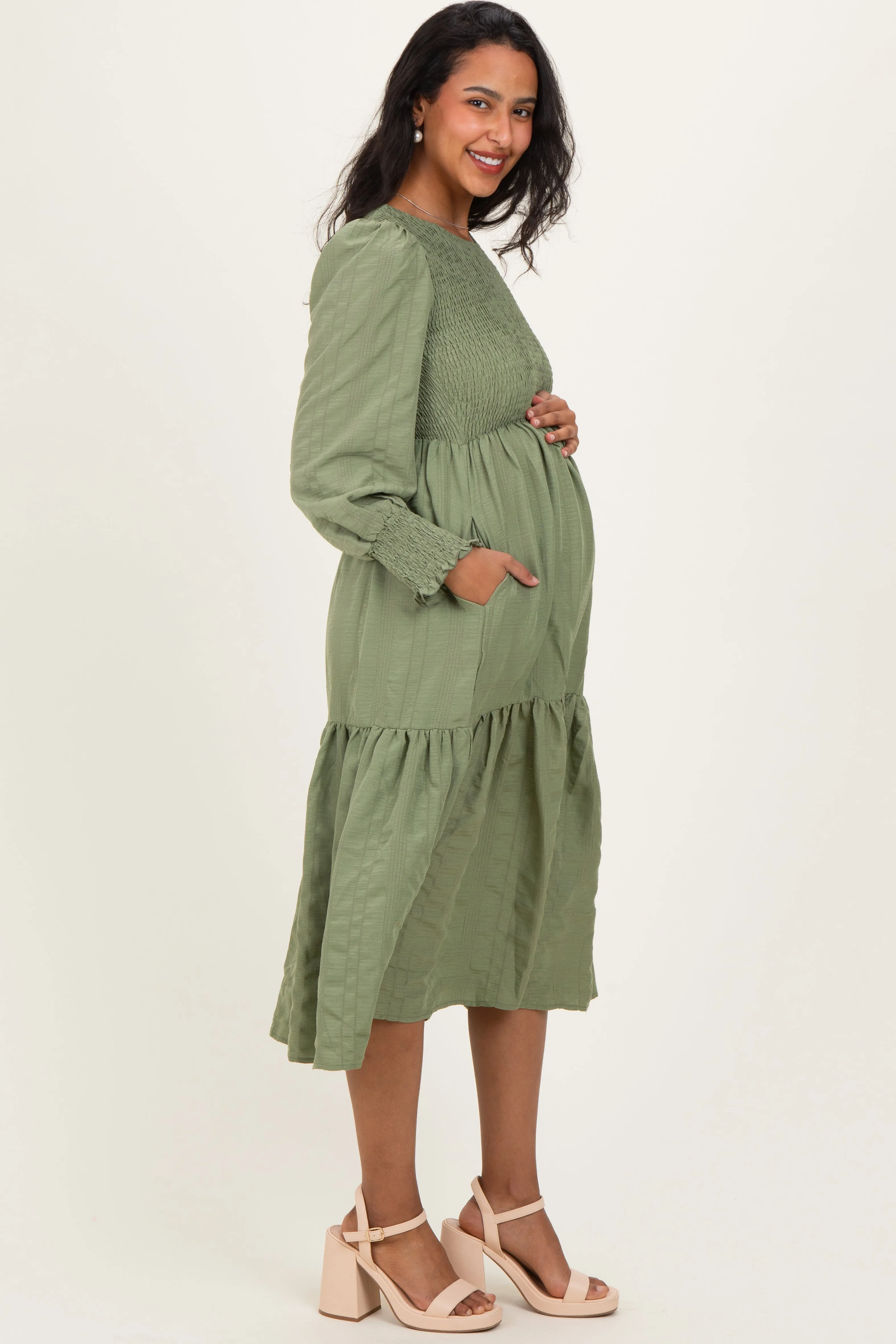Olive Textured Stripe Smocked Maternity Midi Dress sold by Pinkblush product image thumbnail 2