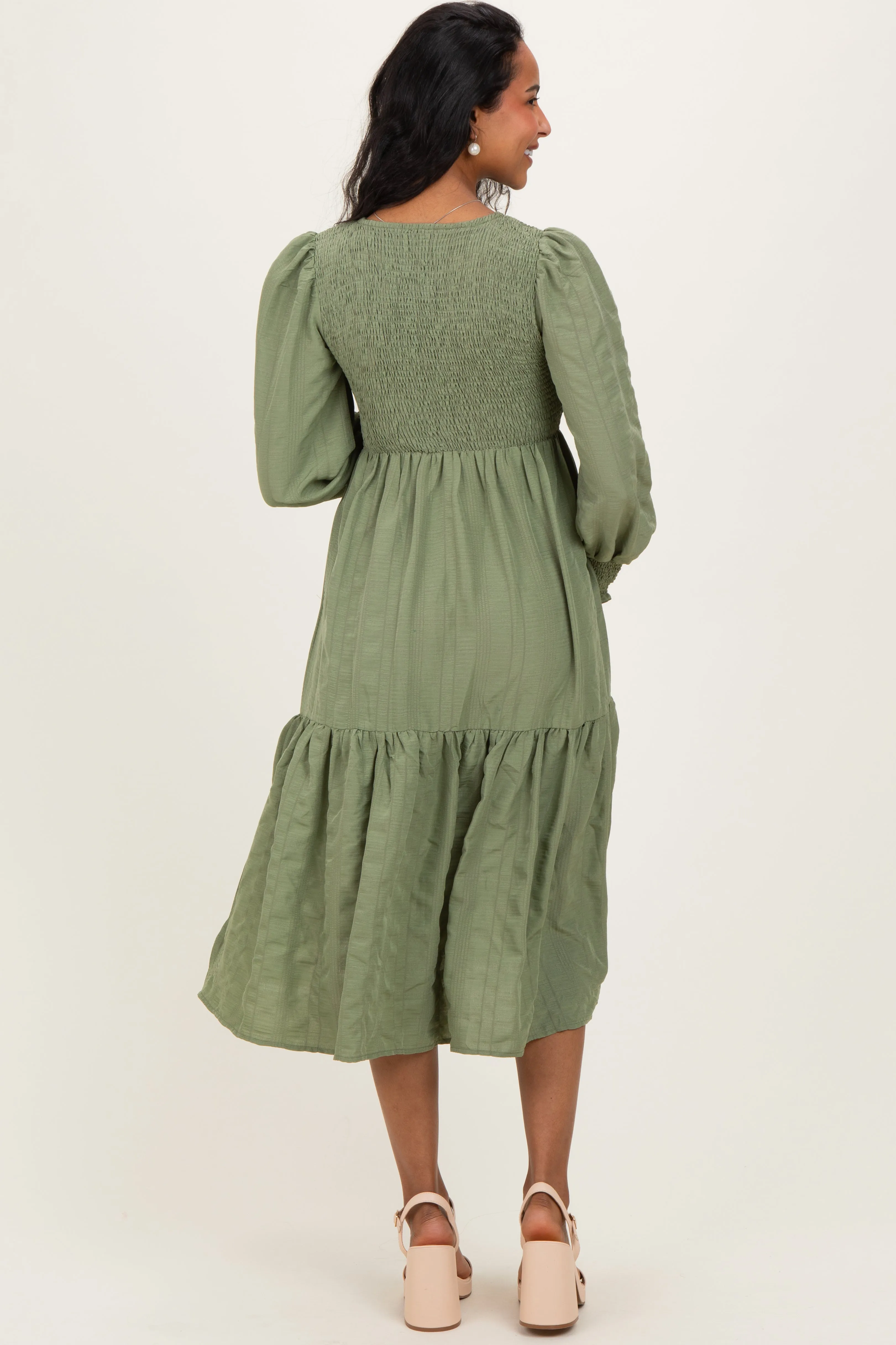 Olive Textured Stripe Smocked Maternity Midi Dress sold by Pinkblush product image thumbnail 3