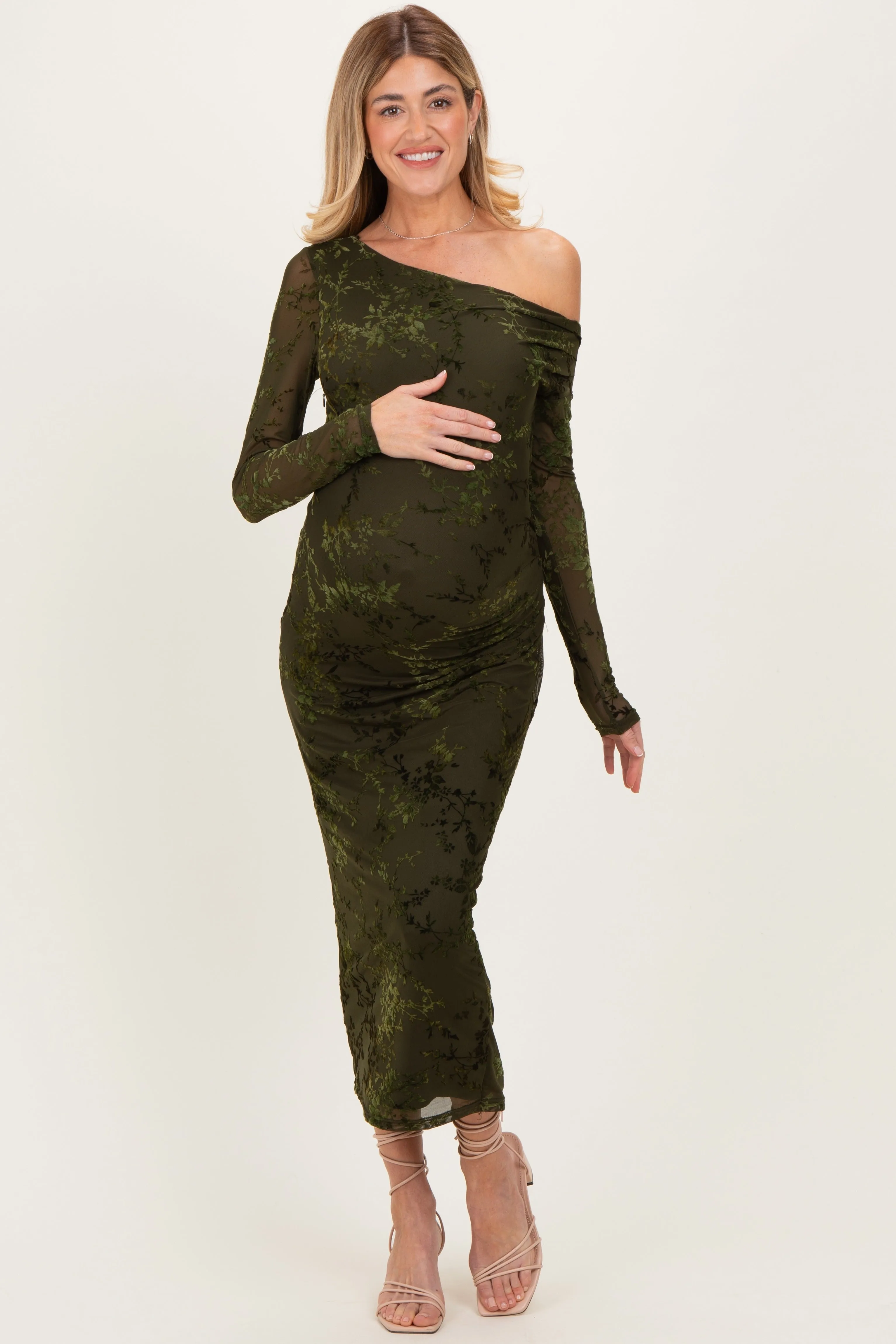 Olive Floral Mesh Overlay One Shoulder Maternity Dress sold by Pinkblush