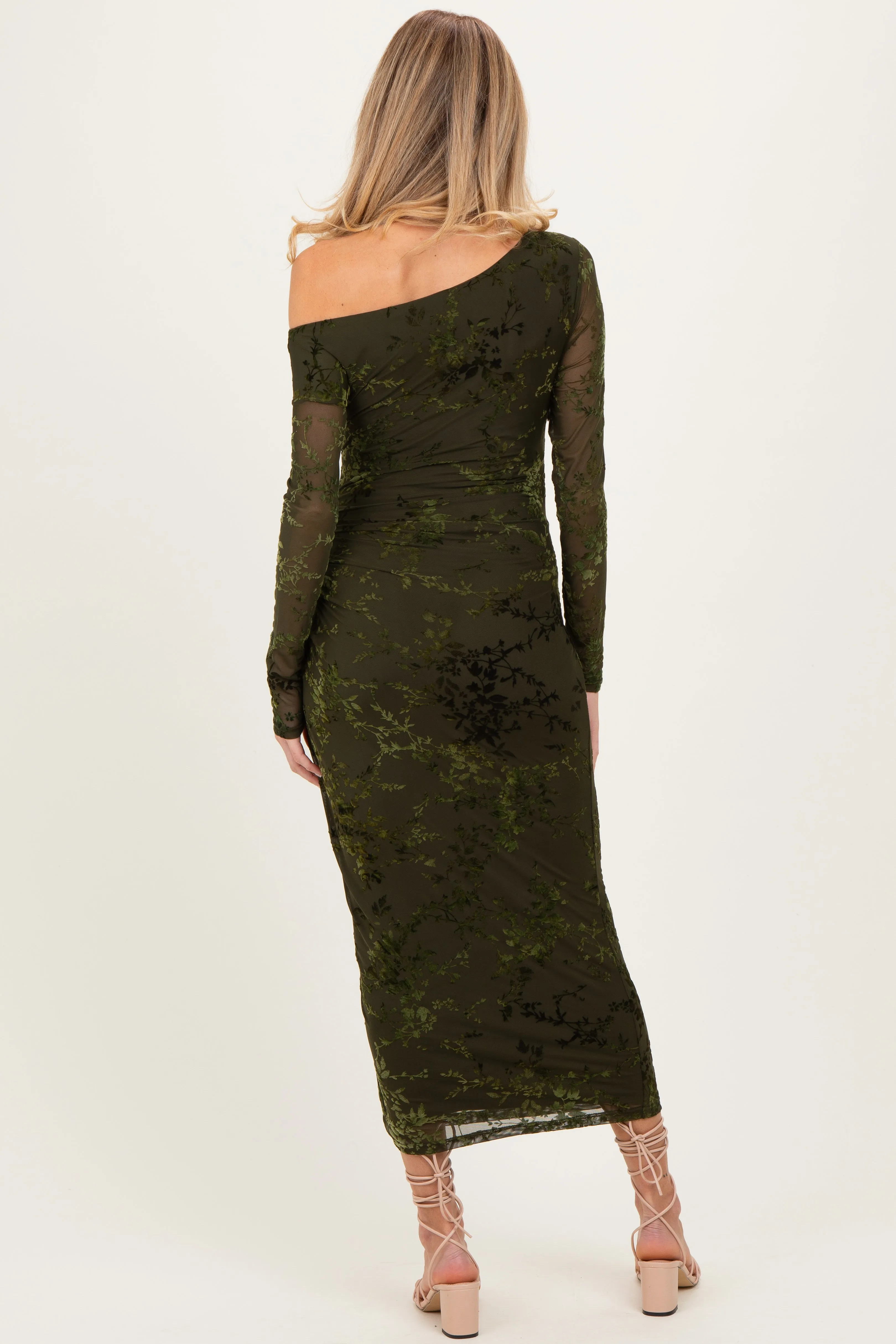 Olive Floral Mesh Overlay One Shoulder Maternity Dress sold by Pinkblush product image thumbnail 5