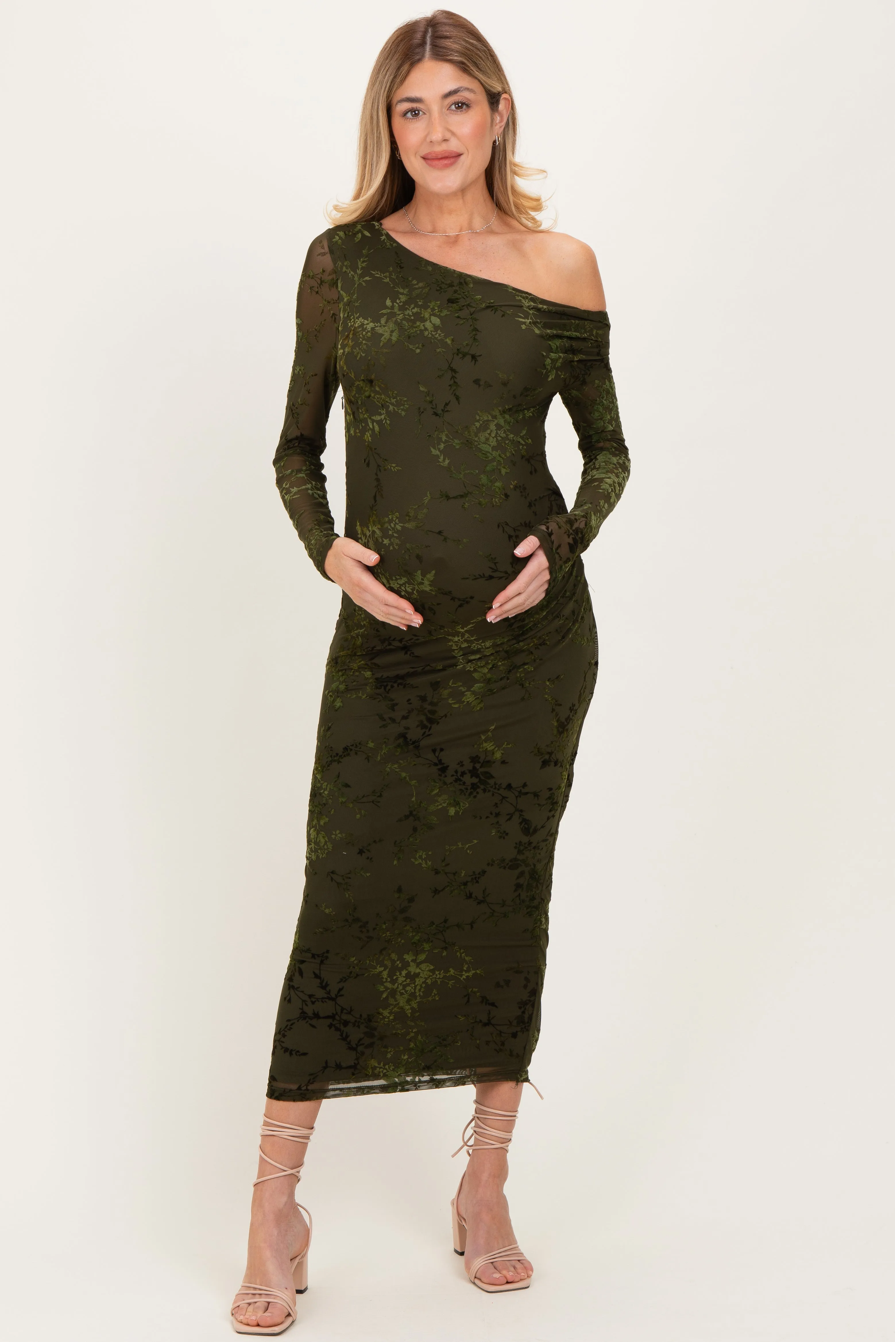 Olive Floral Mesh Overlay One Shoulder Maternity Dress sold by Pinkblush product image thumbnail 2