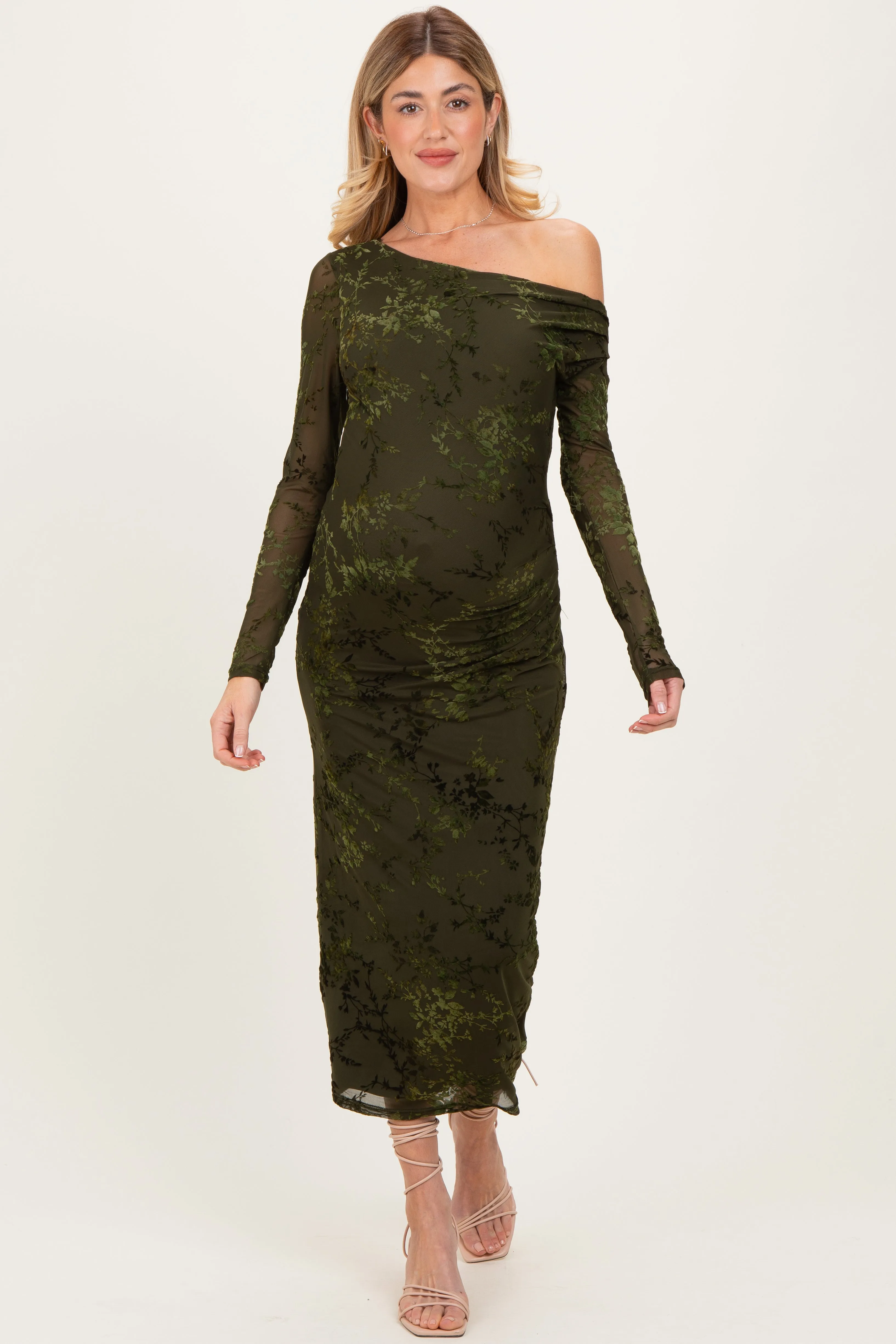 Olive Floral Mesh Overlay One Shoulder Maternity Dress sold by Pinkblush product image thumbnail 3