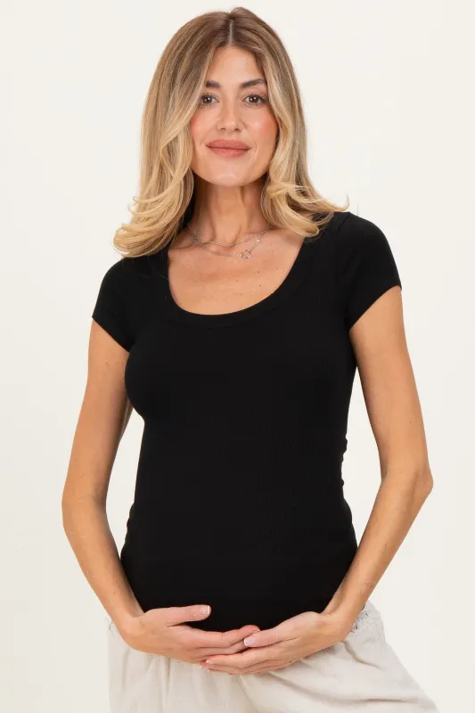 Black Ribbed Rounded Square Neck Maternity Top sold by Pinkblush
