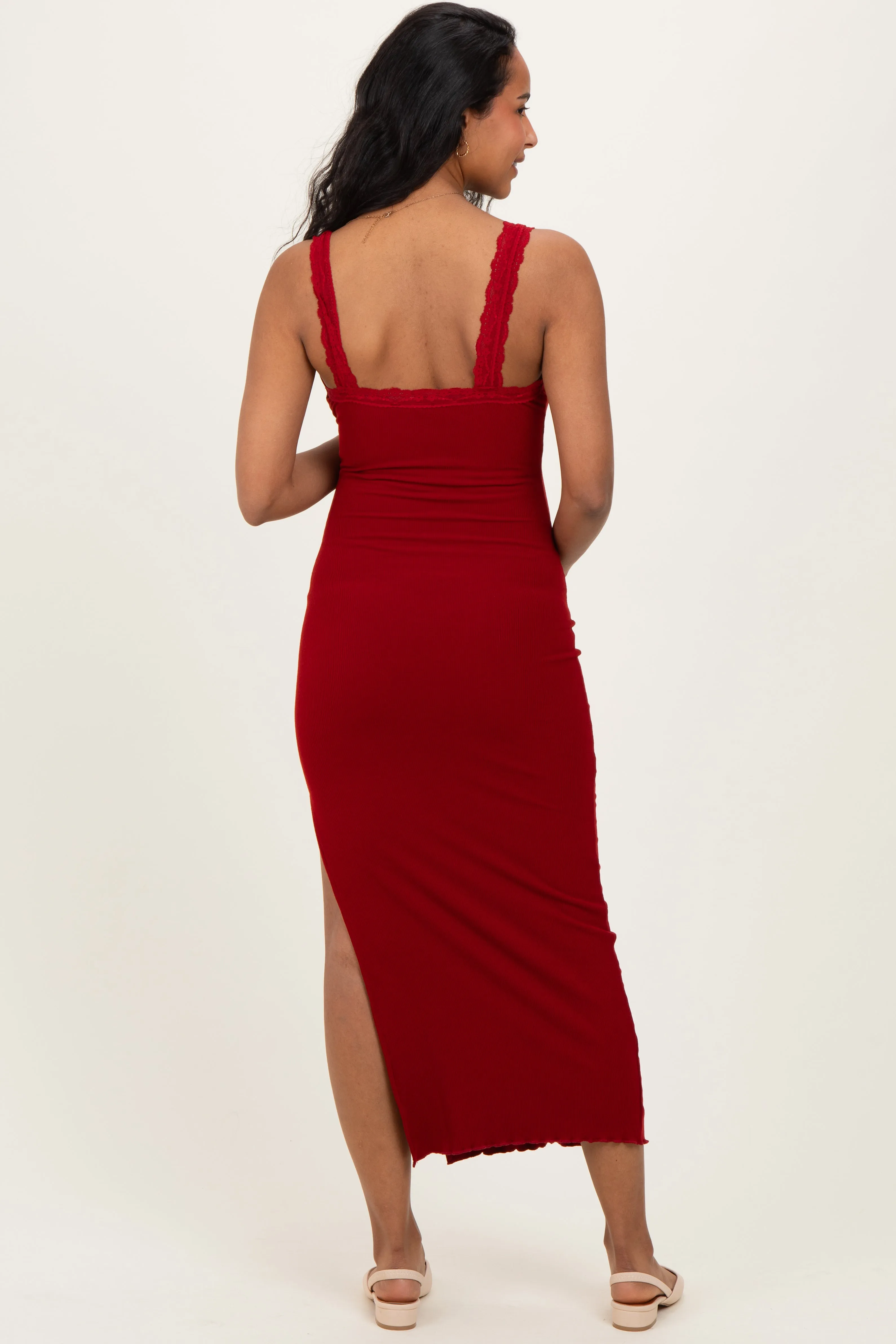 Burgundy Lace Trim Side Slit Maternity Tank Dress sold by Pinkblush product image thumbnail 3