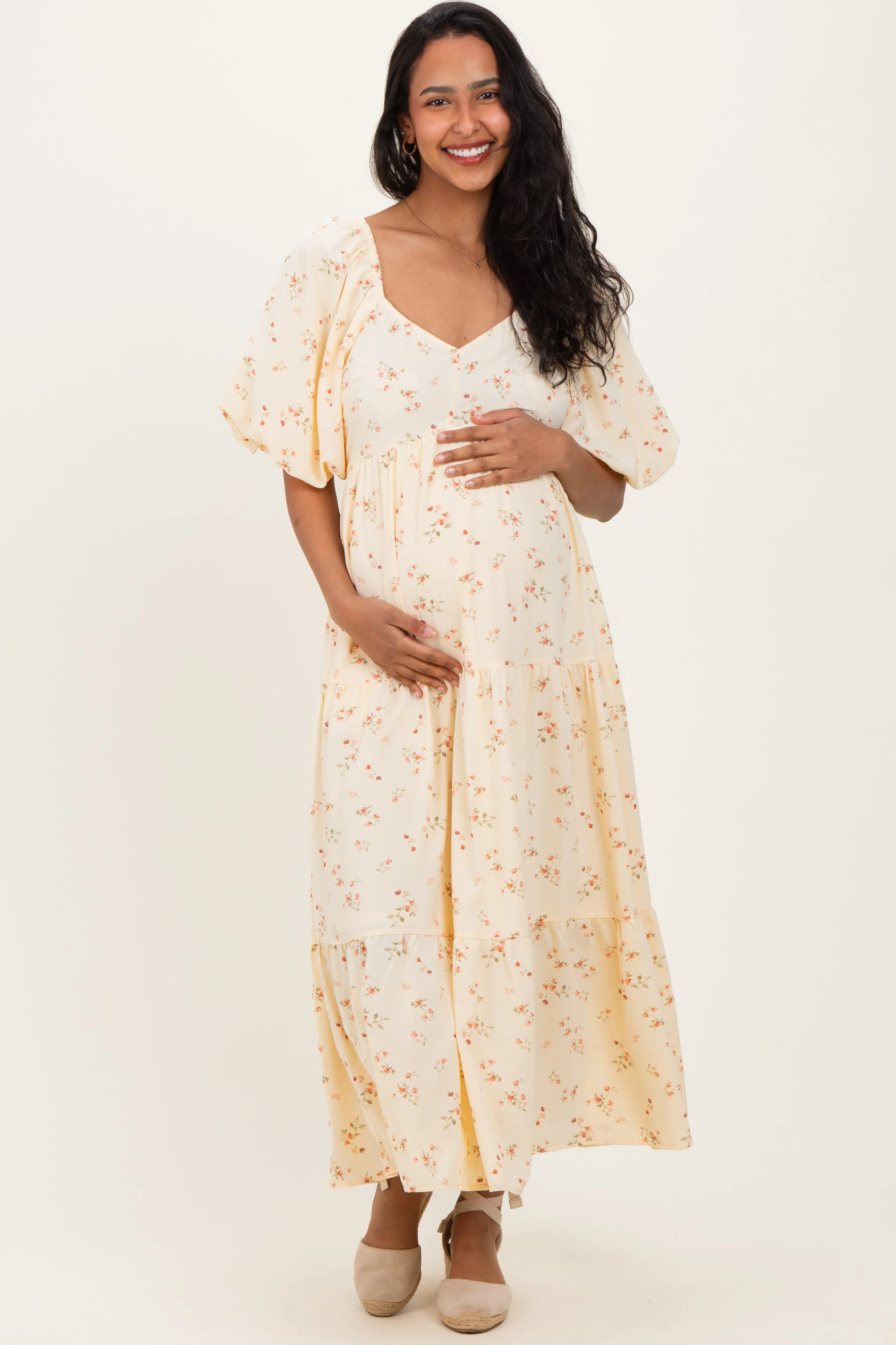 Butter Yellow Floral Tiered Puff Sleeve Maternity Midi Dress sold by Pinkblush product image thumbnail 2