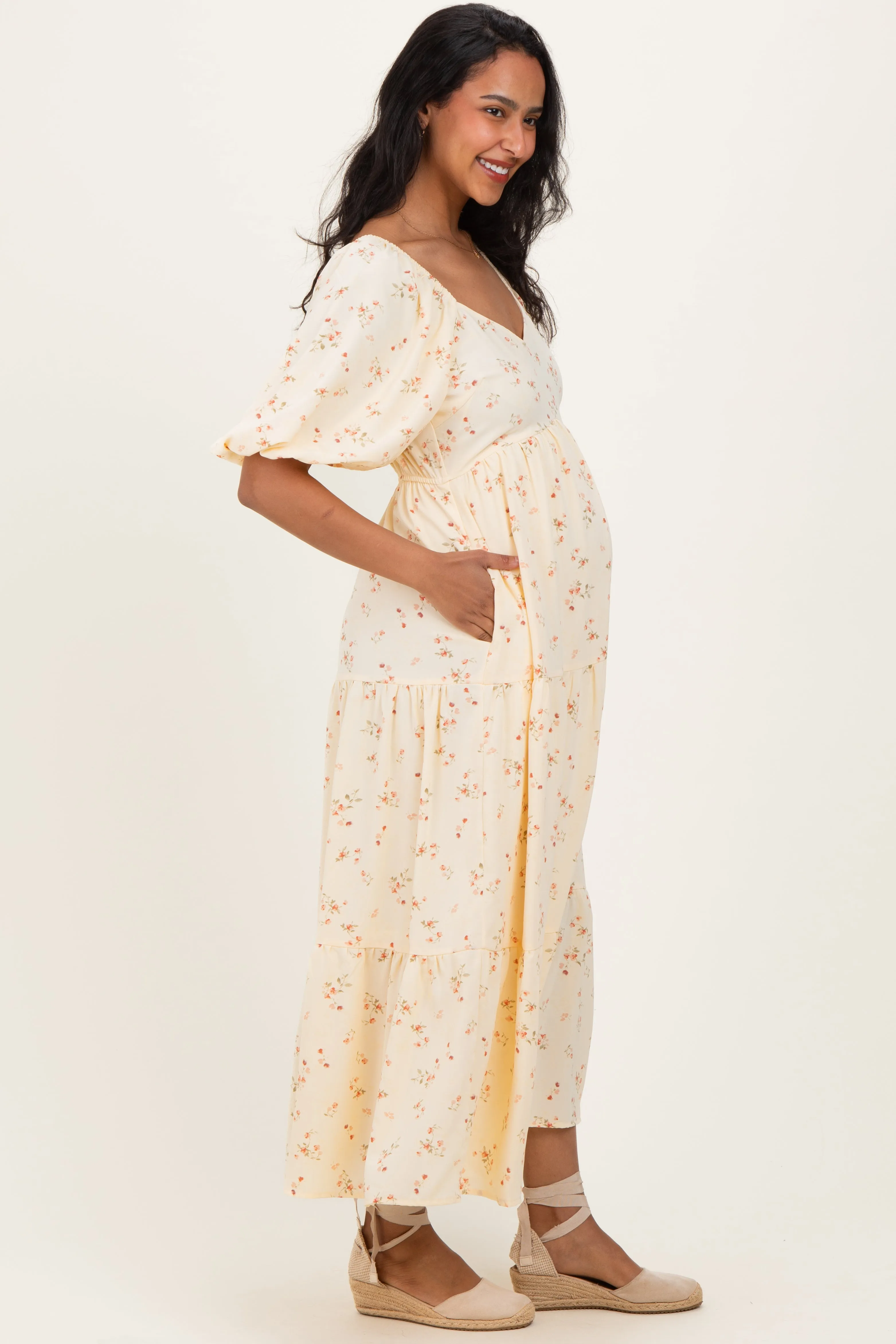 Butter Yellow Floral Tiered Puff Sleeve Maternity Midi Dress sold by Pinkblush product image thumbnail 3