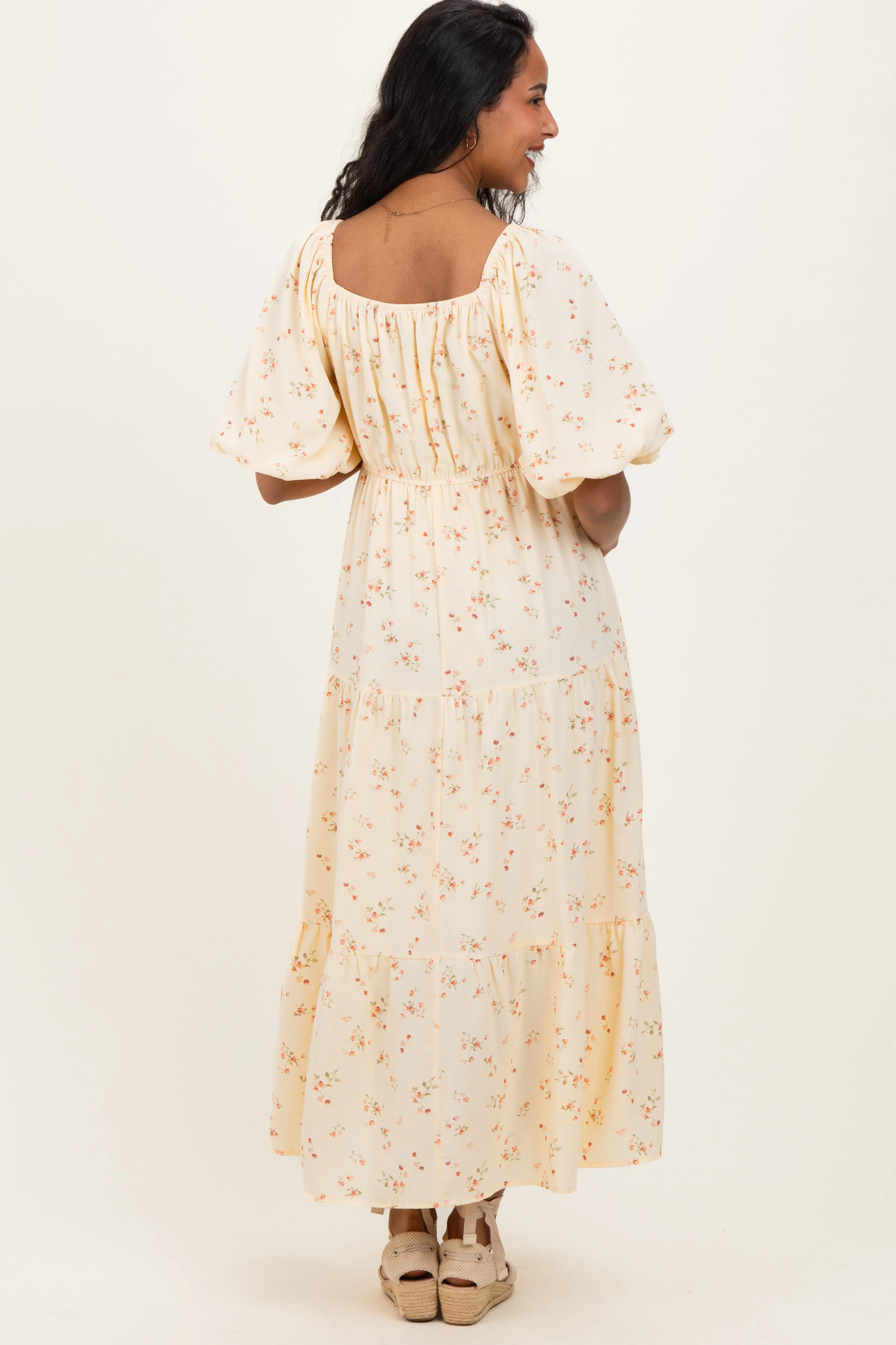 Butter Yellow Floral Tiered Puff Sleeve Maternity Midi Dress sold by Pinkblush product image thumbnail 4
