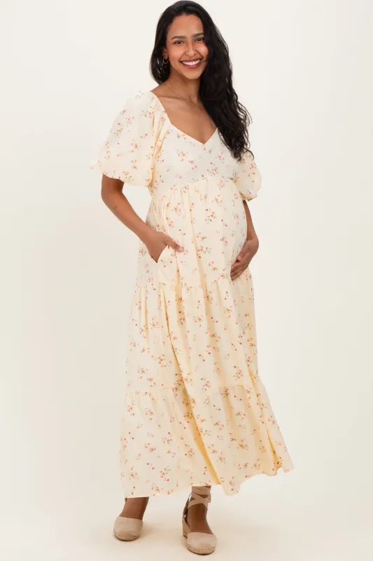 Butter Yellow Floral Tiered Puff Sleeve Maternity Midi Dress sold by Pinkblush