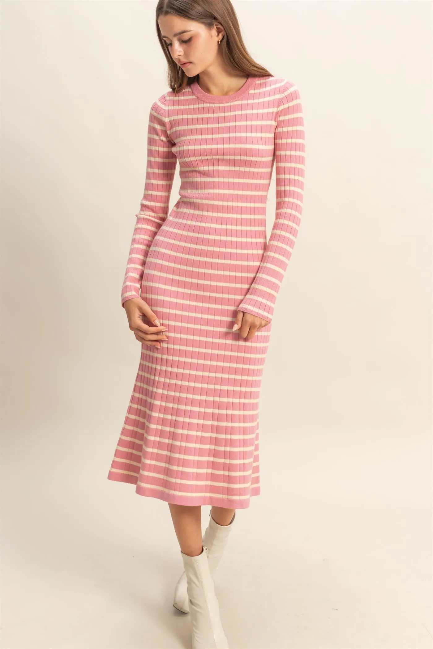 Pink Striped Knit Maternity Midi Flare Dress sold by Pinkblush product image thumbnail 4