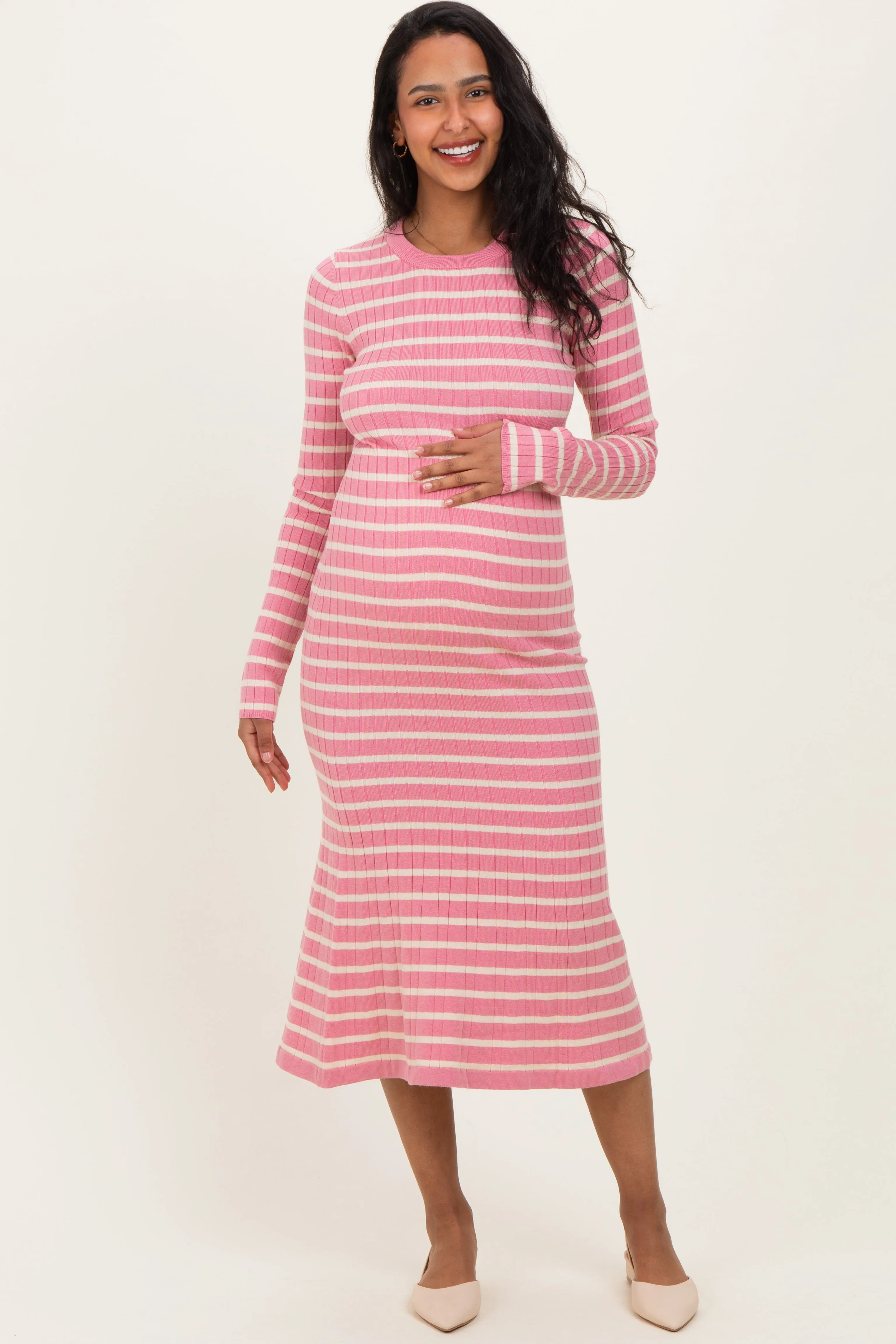 Pink Striped Knit Maternity Midi Flare Dress sold by Pinkblush