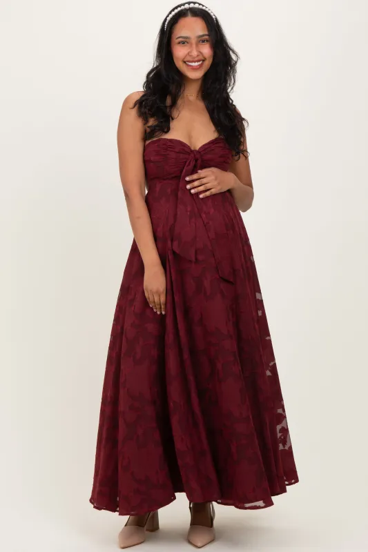 Wine Floral Jacquard Strapless Open Back Maternity Maxi Dress sold by Pinkblush