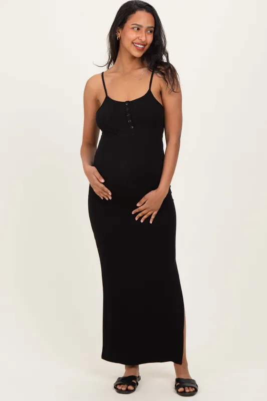 Black Button Detail Sleeveless High Slit Maternity Maxi Dress sold by Pinkblush