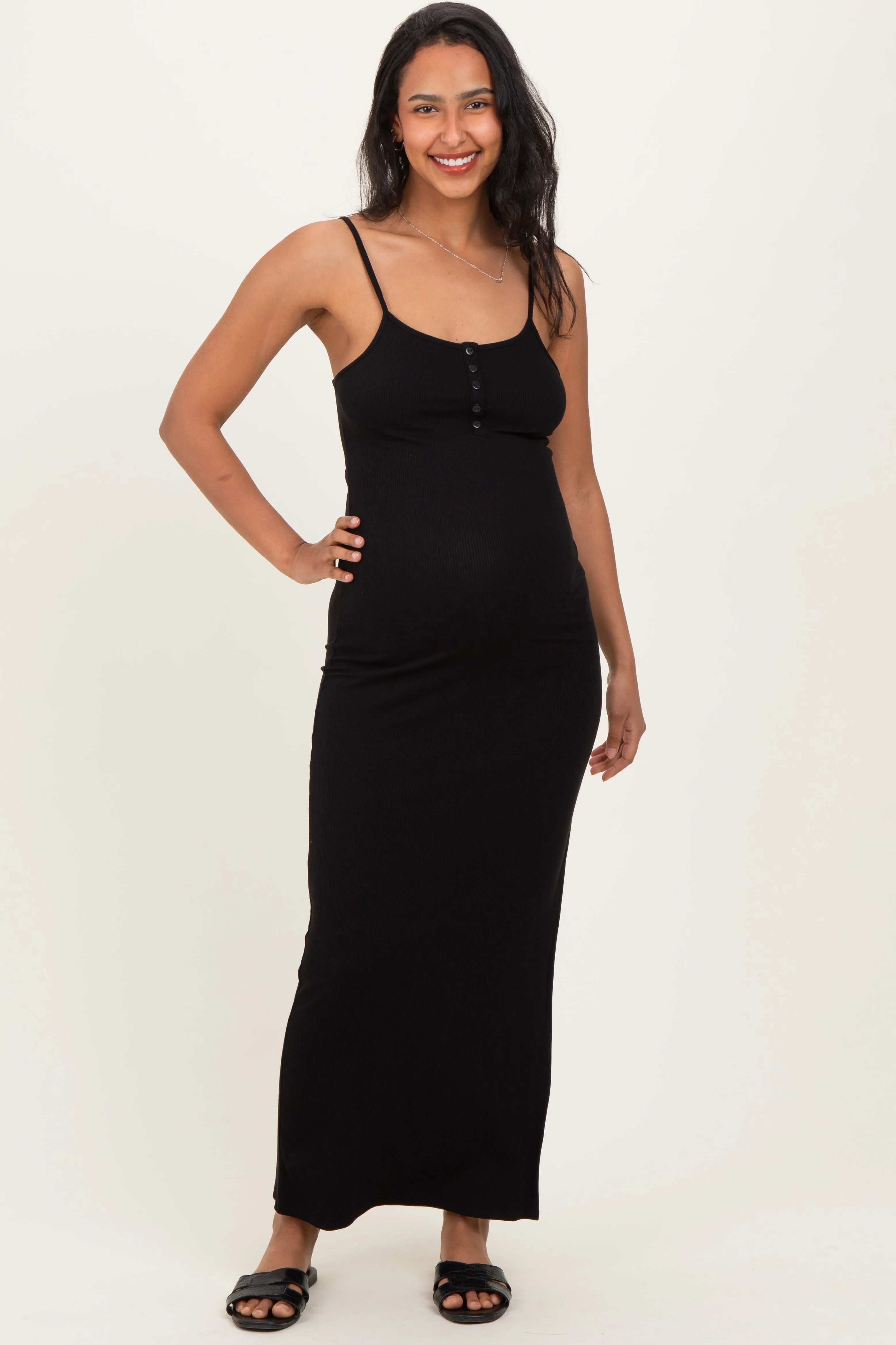 Black Button Detail Sleeveless High Slit Maternity Maxi Dress sold by Pinkblush product image thumbnail 2