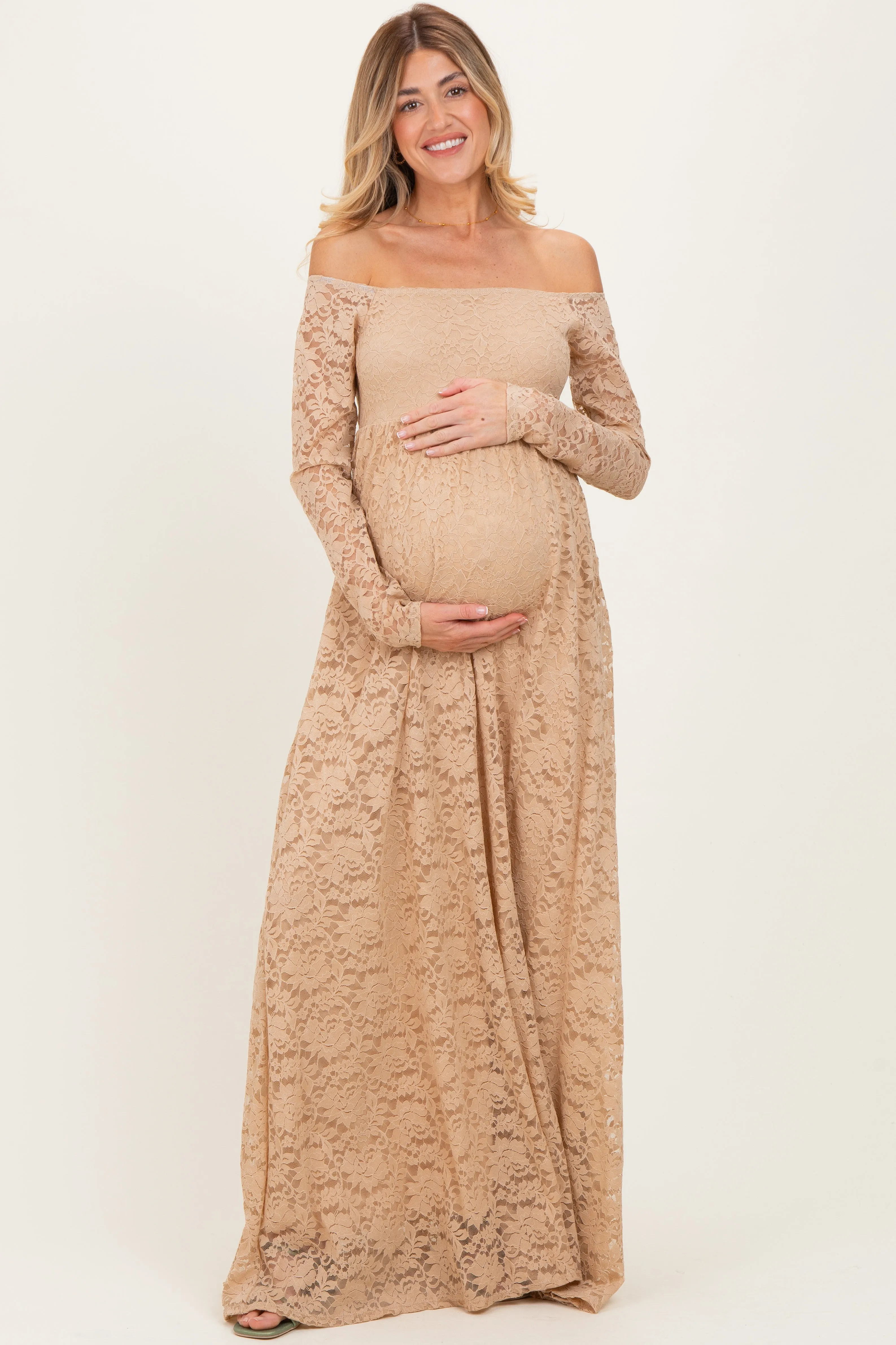 Gold Floral Lace Long Sleeve Off Shoulder Maternity Maxi Dress sold by Pinkblush product image thumbnail 2