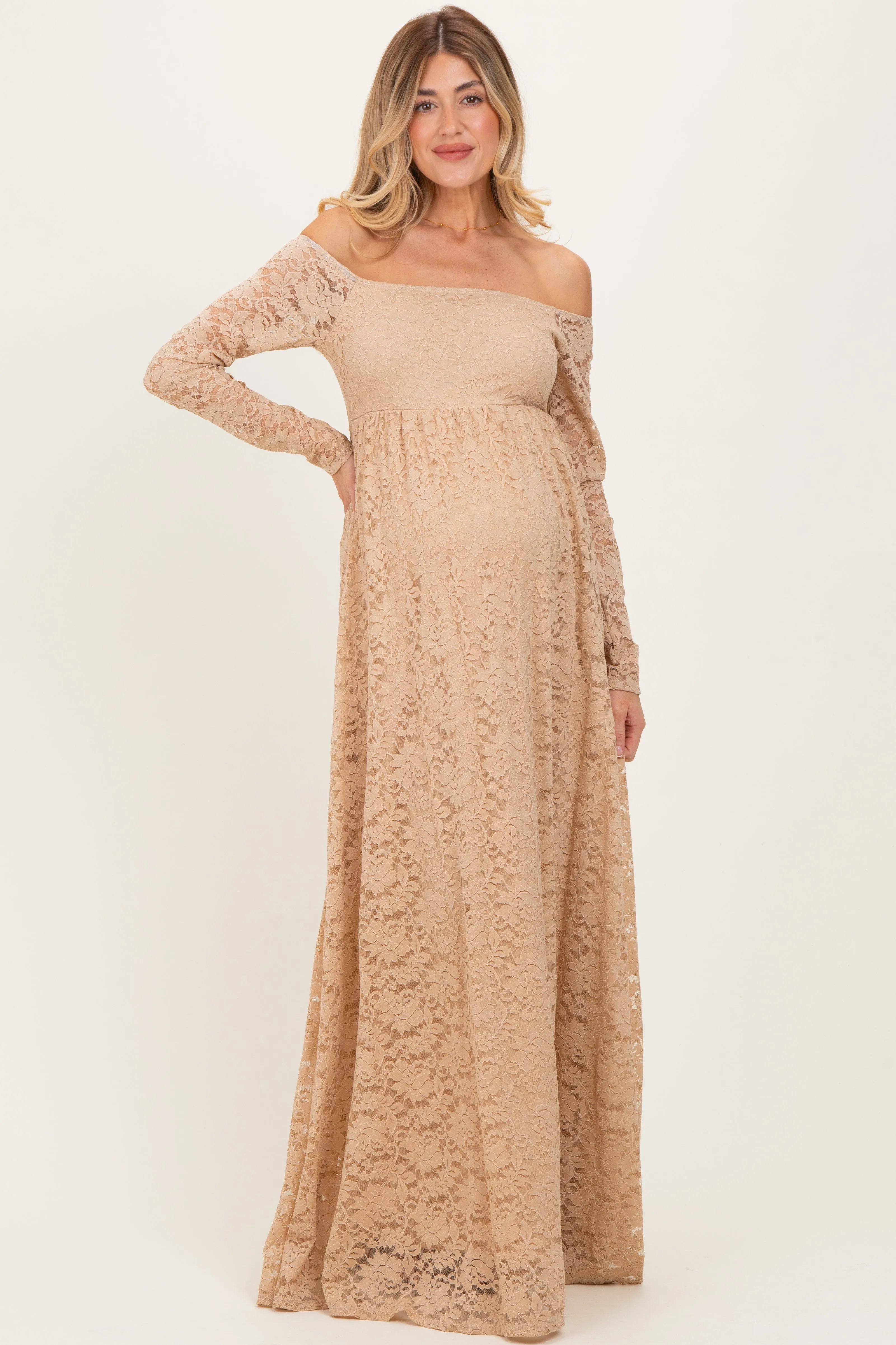 Gold Floral Lace Long Sleeve Off Shoulder Maternity Maxi Dress sold by Pinkblush product image thumbnail 3