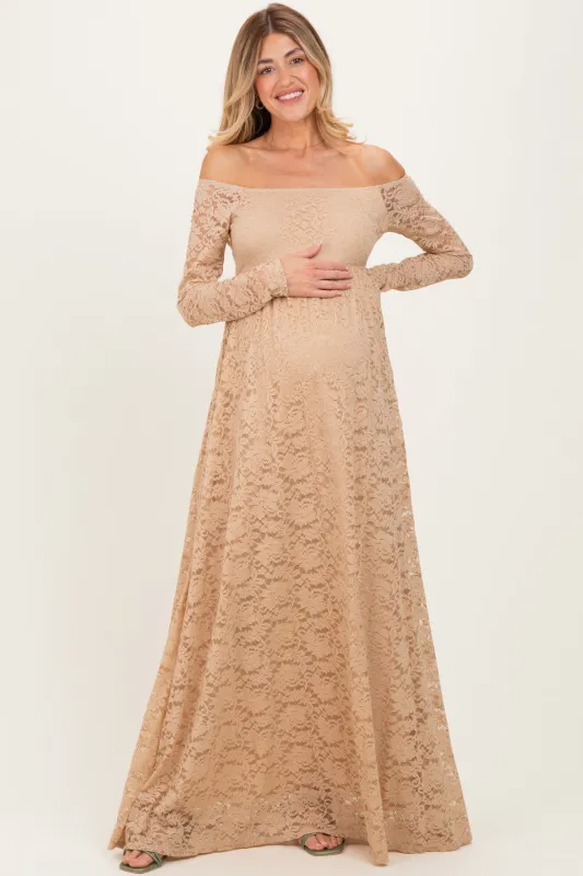 Gold Floral Lace Long Sleeve Off Shoulder Maternity Maxi Dress sold by Pinkblush