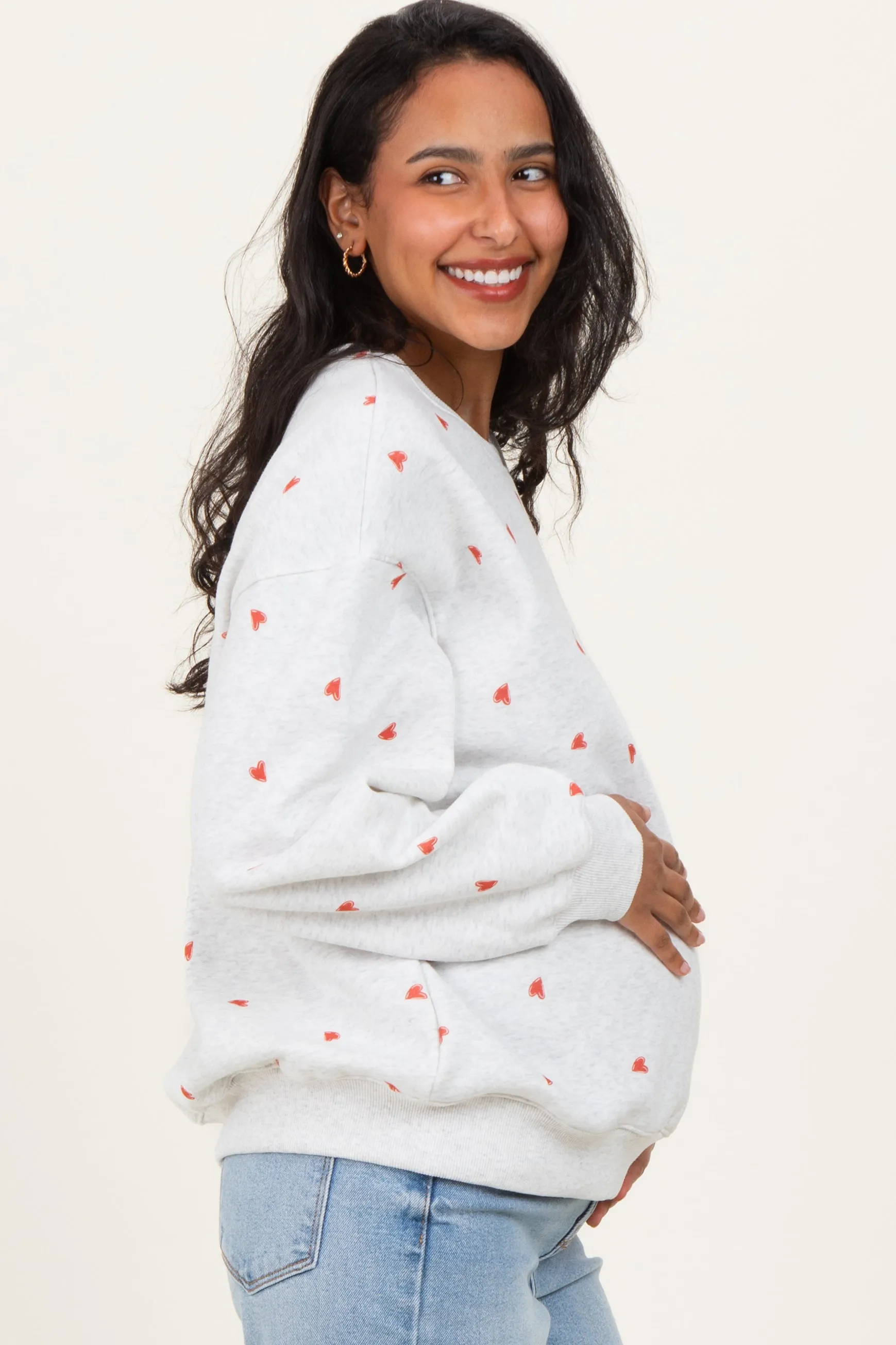 Heather Grey Crew Neck Heart Print Maternity Sweatshirt sold by Pinkblush product image thumbnail 3