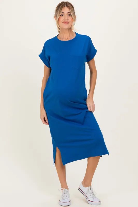 Royal Blue Pocket Front Maternity Midi T-Shirt Dress made by Zenana Outfitters
