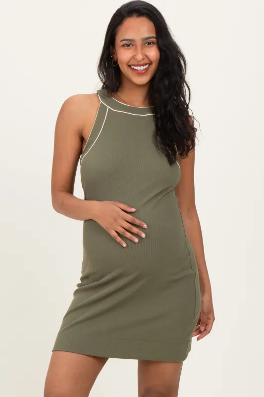 Olive Ribbed Sleeveless Maternity Mini Dress sold by Pinkblush