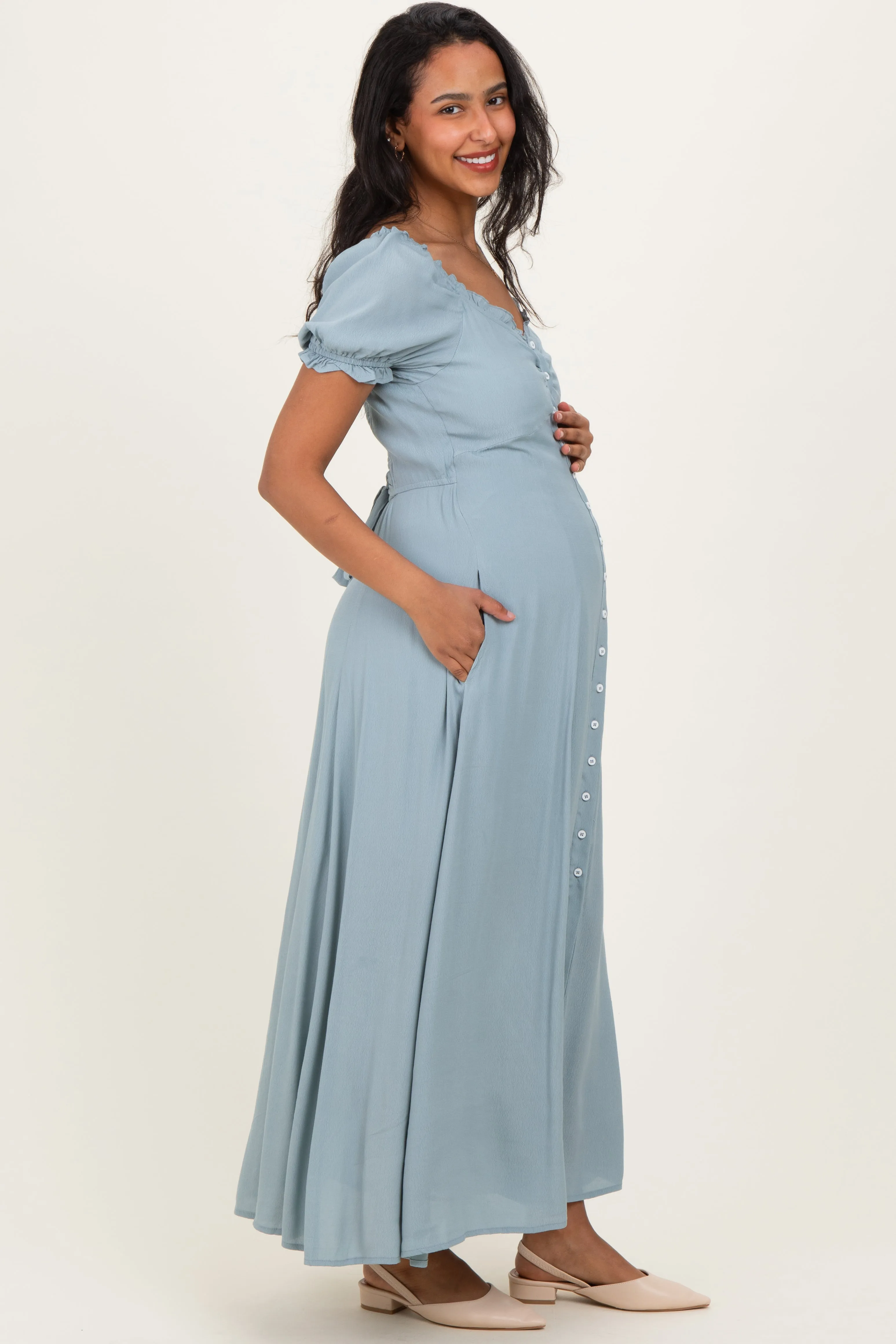 Dusty Blue Button Down Ruffle Trim Maternity Maxi Dress sold by Pinkblush product image thumbnail 2