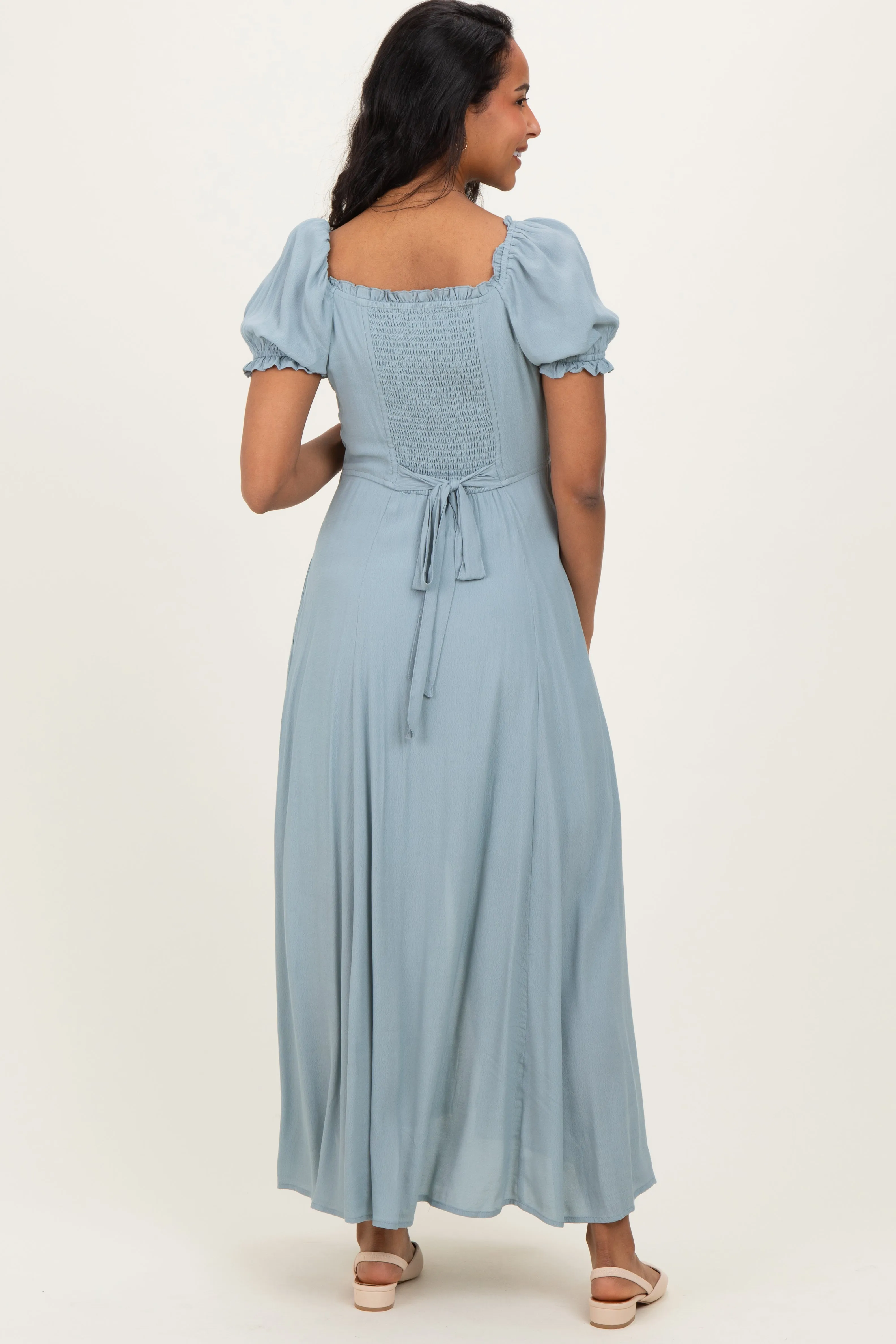 Dusty Blue Button Down Ruffle Trim Maternity Maxi Dress sold by Pinkblush product image thumbnail 3