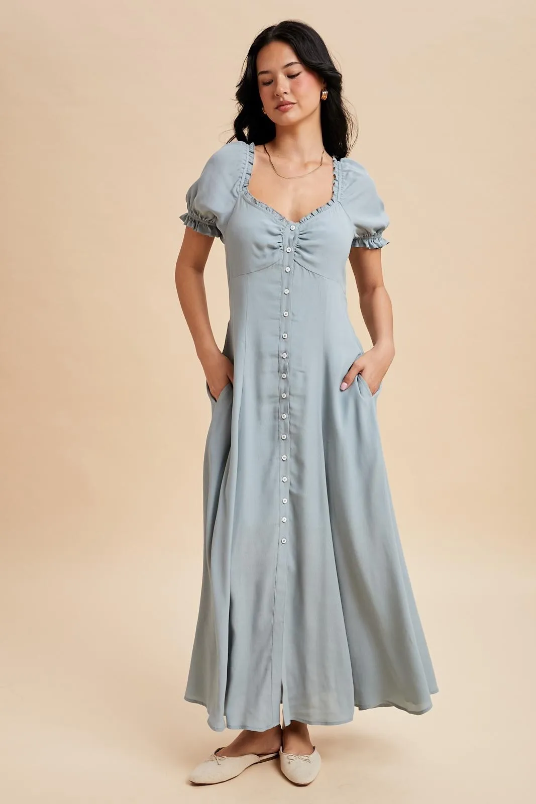 Dusty Blue Button Down Ruffle Trim Maternity Maxi Dress sold by Pinkblush product image thumbnail 4