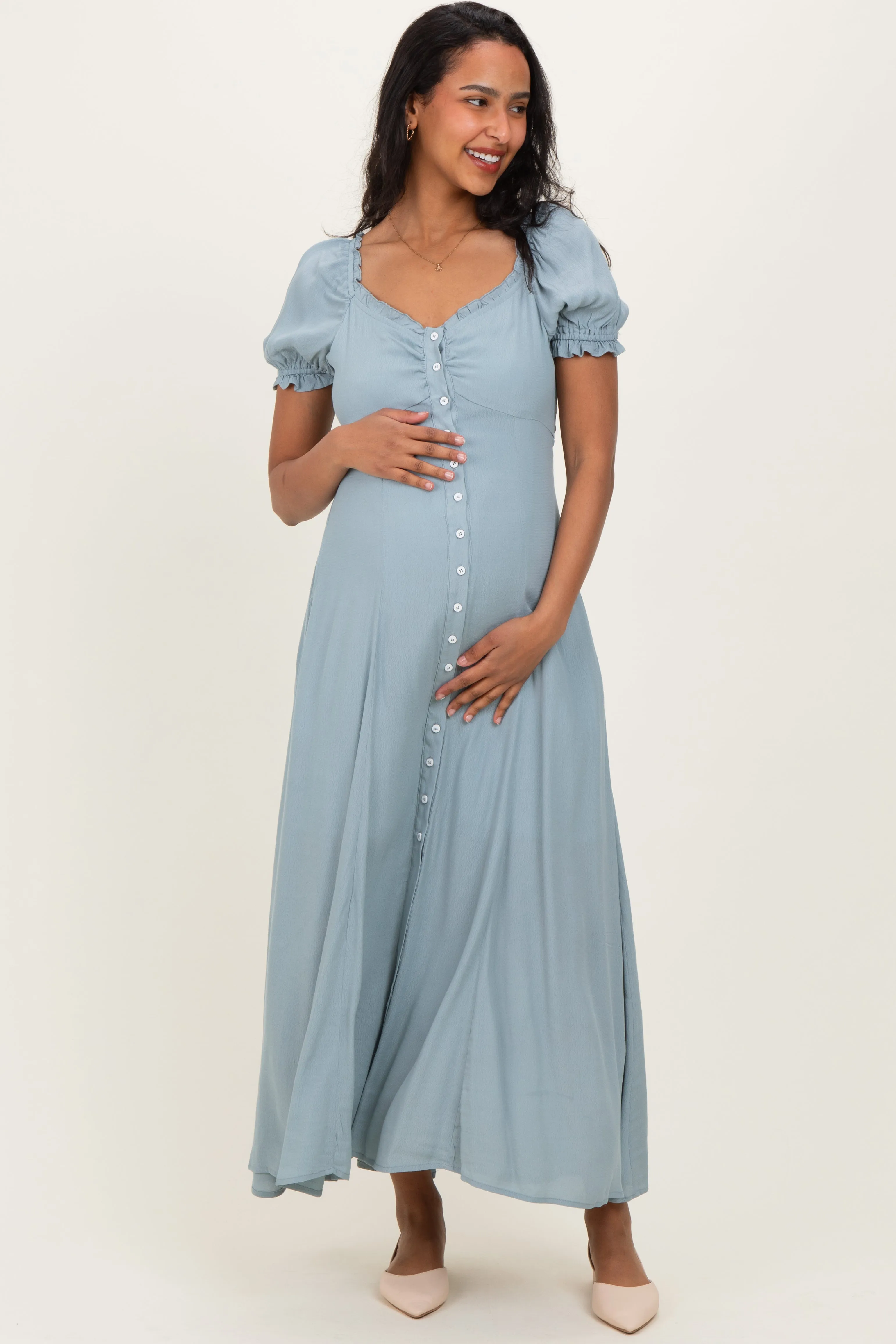 Dusty Blue Button Down Ruffle Trim Maternity Maxi Dress sold by Pinkblush