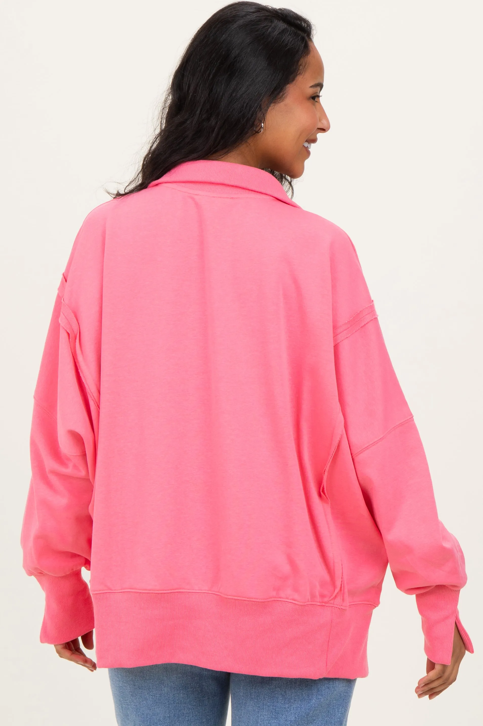 Bright Pink Snap Button Pullover Henley Maternity Sweatshirt sold by Pinkblush product image thumbnail 4