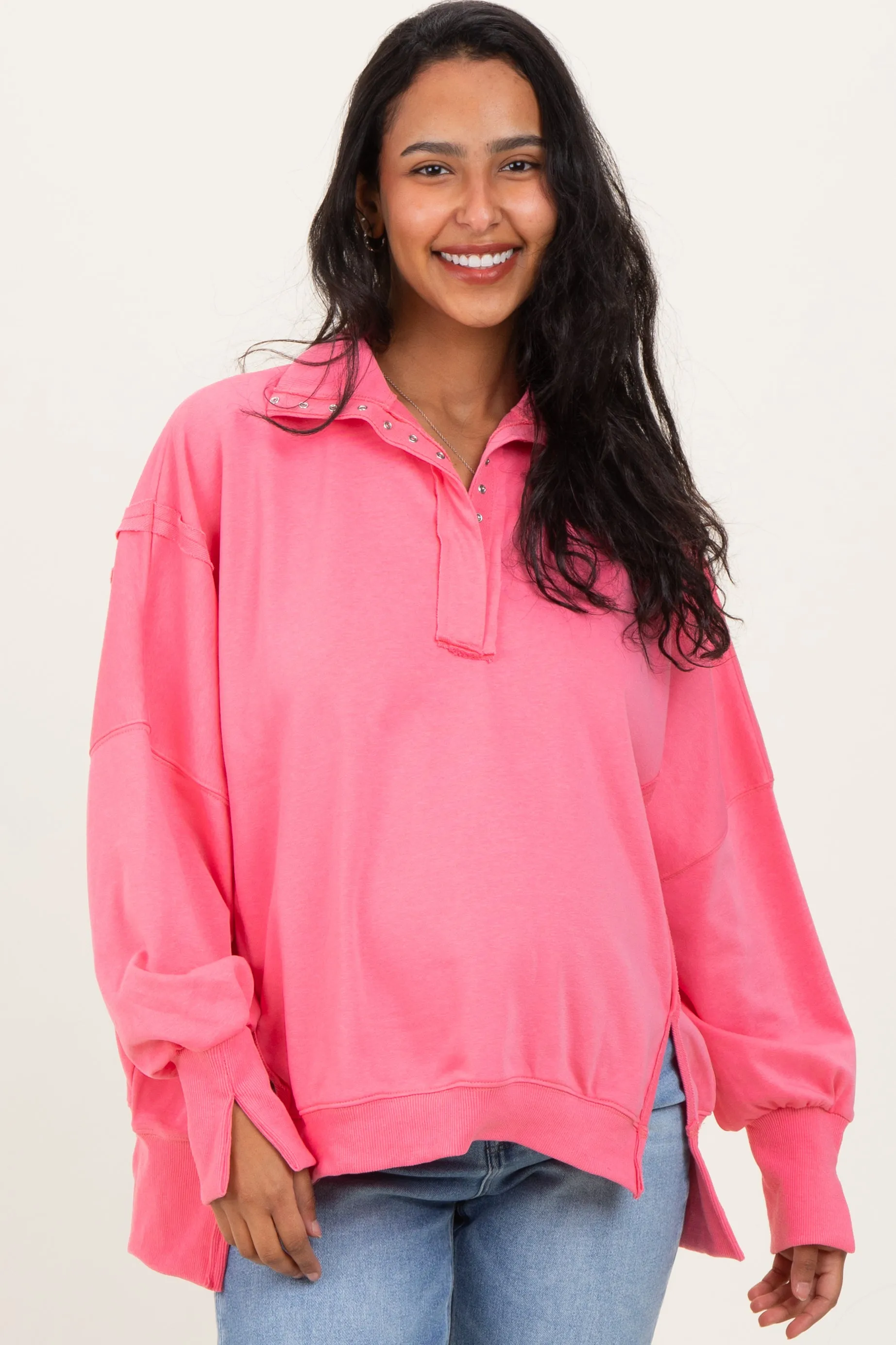 Bright Pink Snap Button Pullover Henley Maternity Sweatshirt sold by Pinkblush
