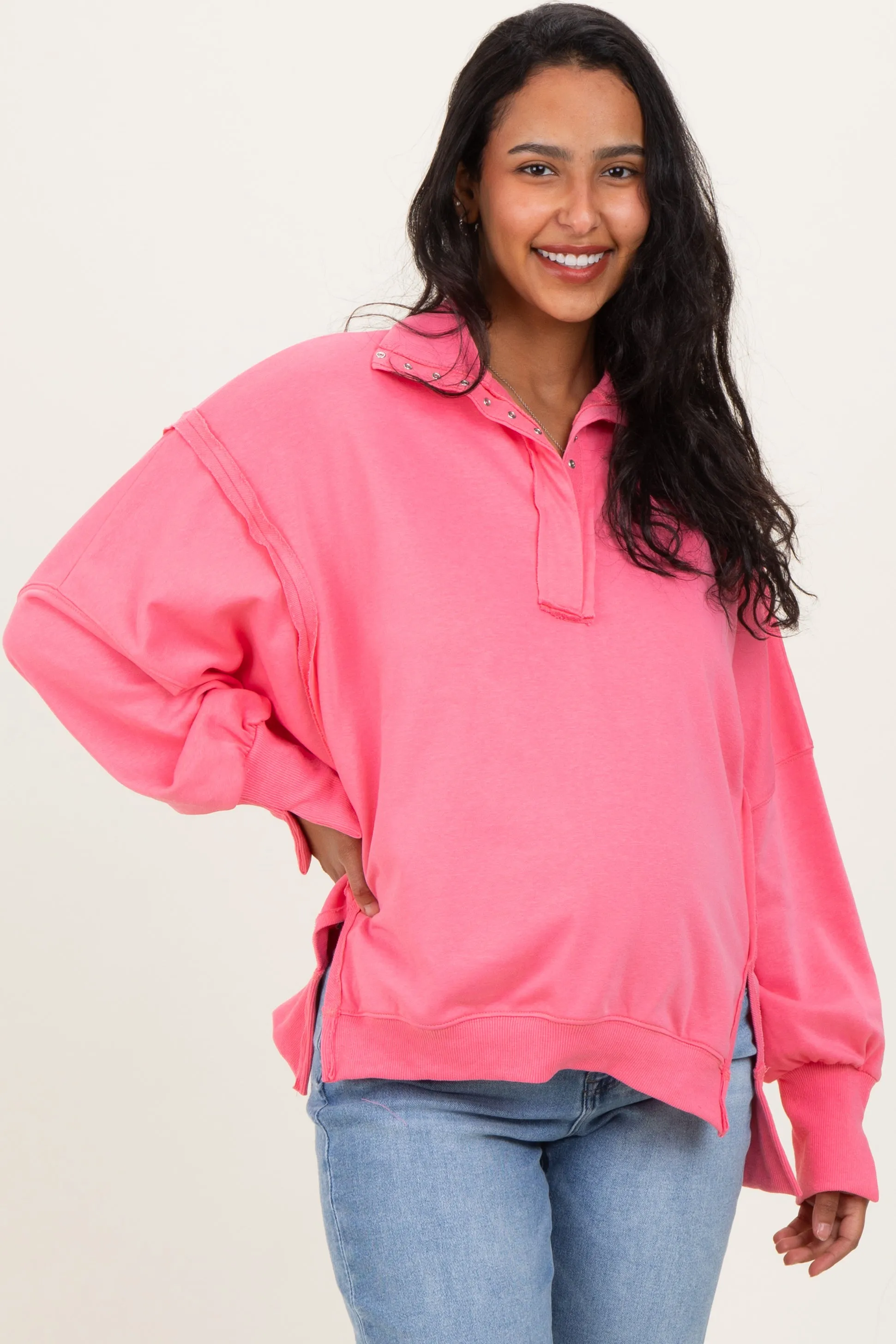 Bright Pink Snap Button Pullover Henley Maternity Sweatshirt sold by Pinkblush product image thumbnail 2