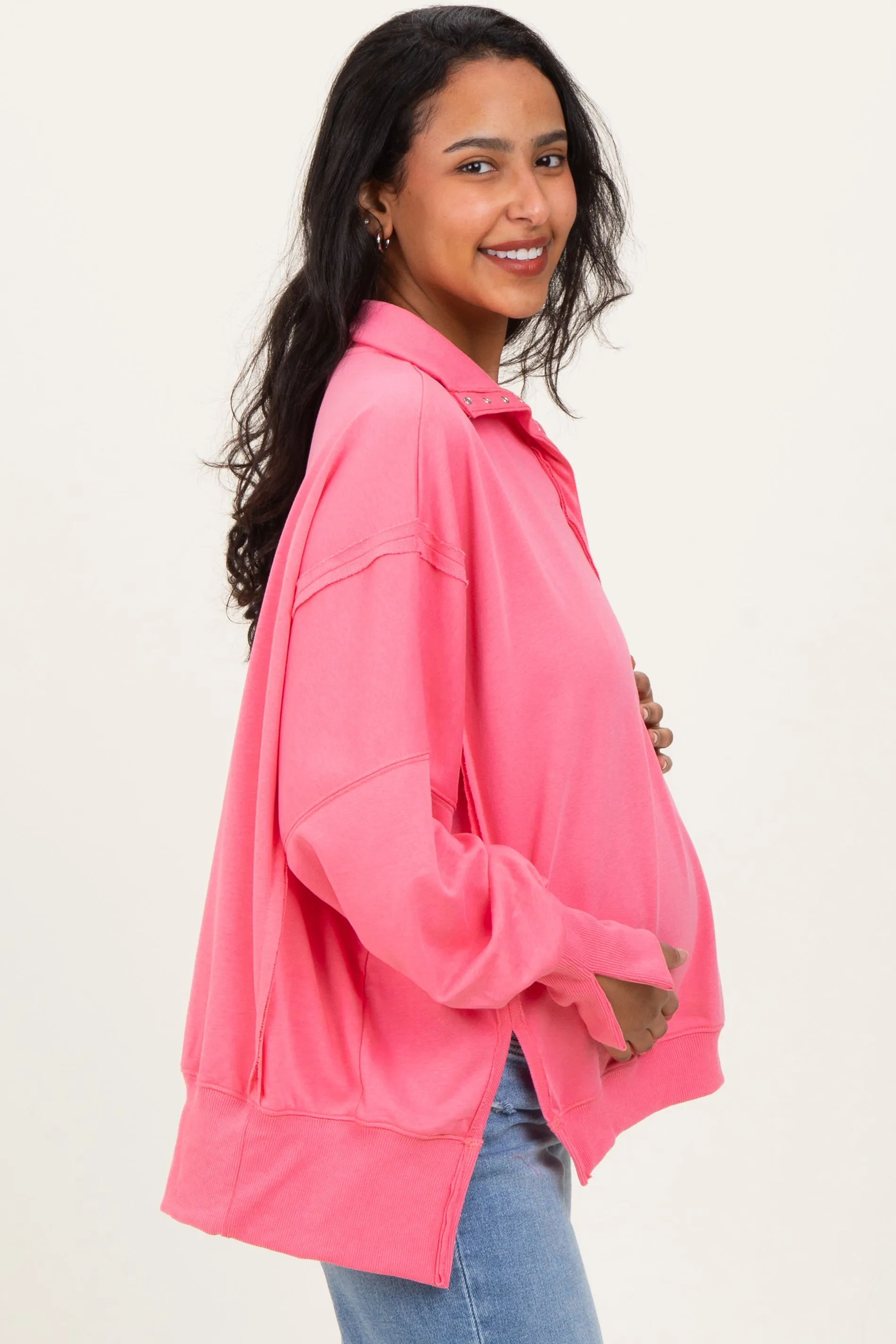 Bright Pink Snap Button Pullover Henley Maternity Sweatshirt sold by Pinkblush product image thumbnail 3