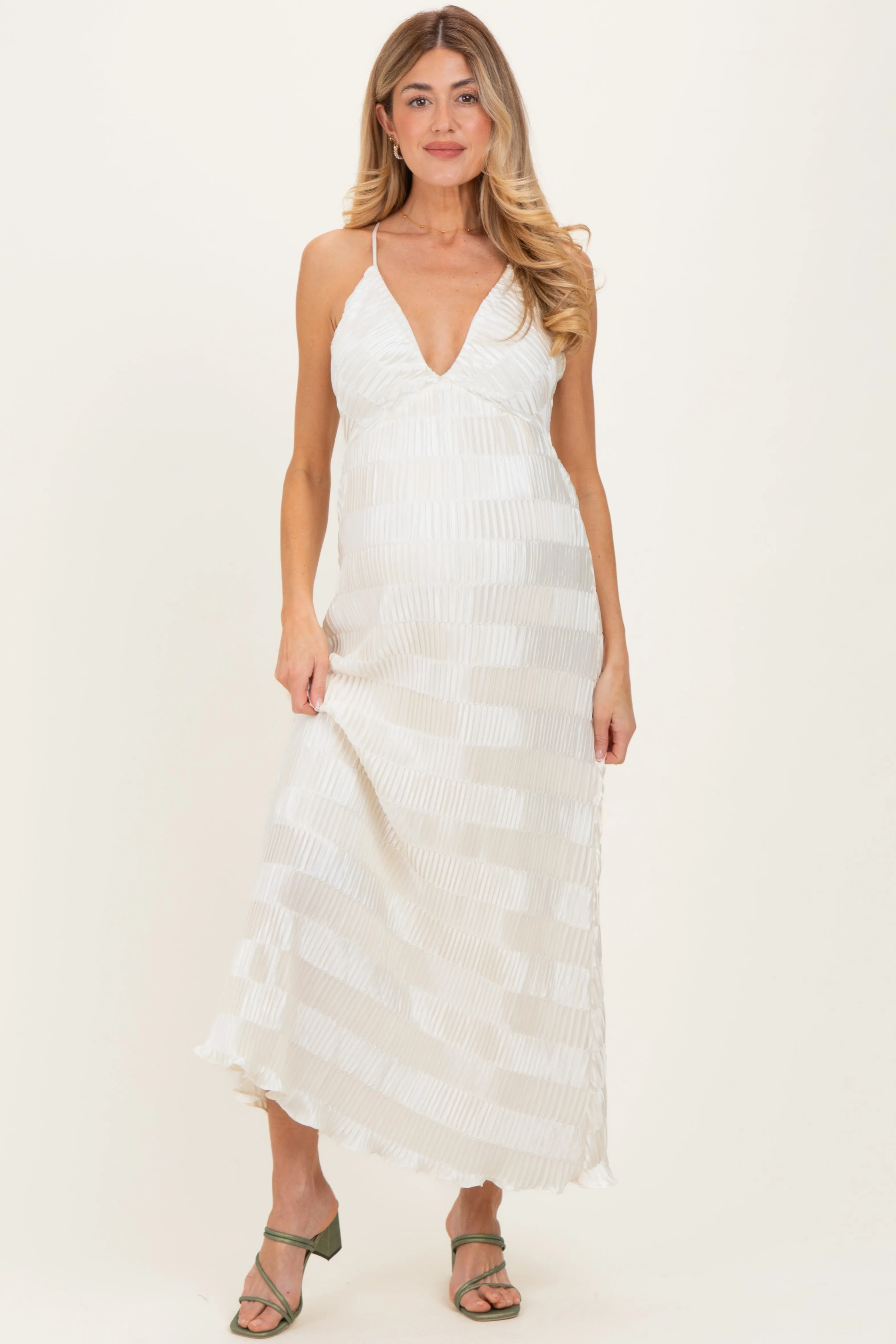 Cream Satin Plisse V-Neck Maternity Maxi Dress sold by Pinkblush