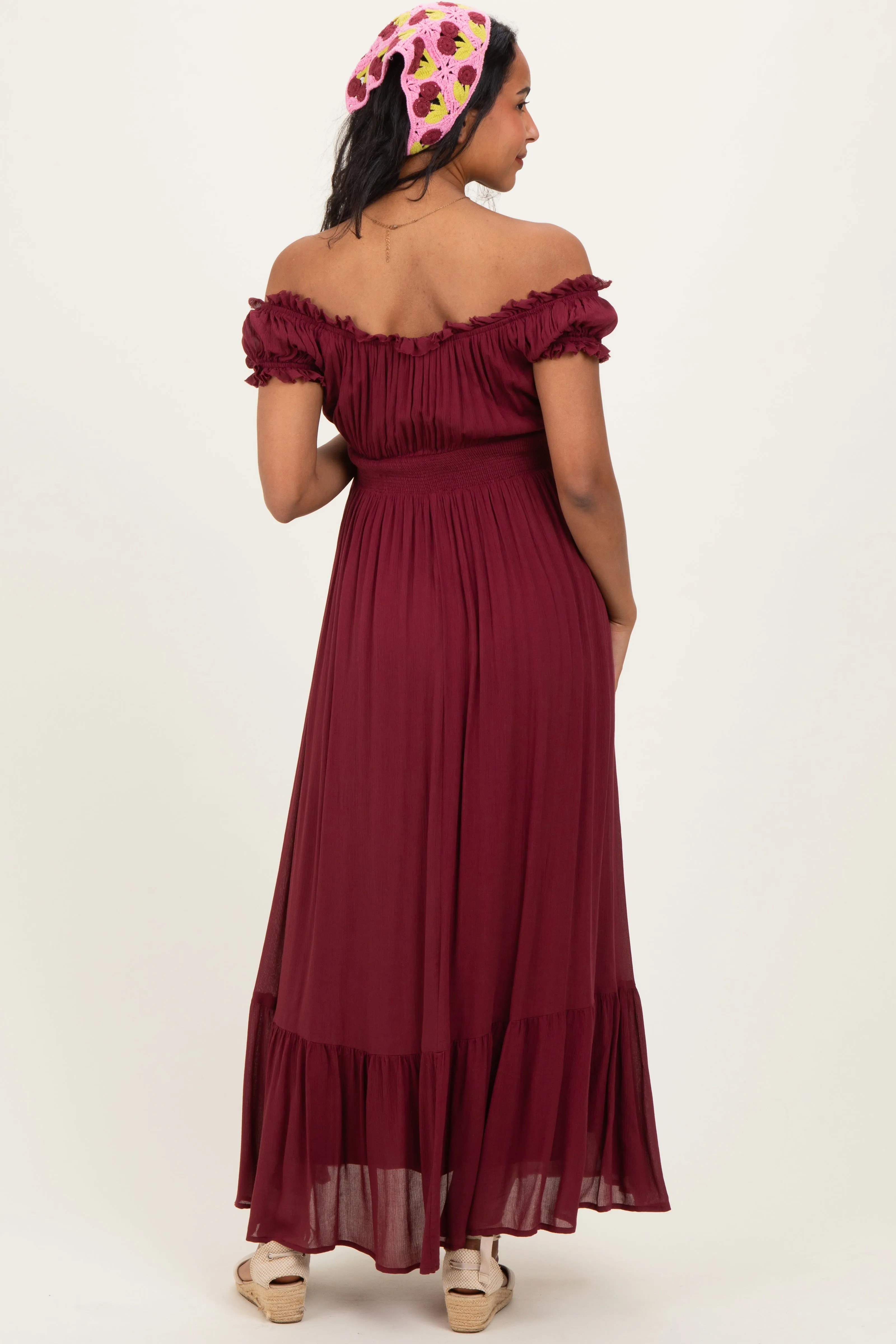Burgundy Smocked Waist Off Shoulder Maternity Maxi Dress sold by Pinkblush product image thumbnail 3