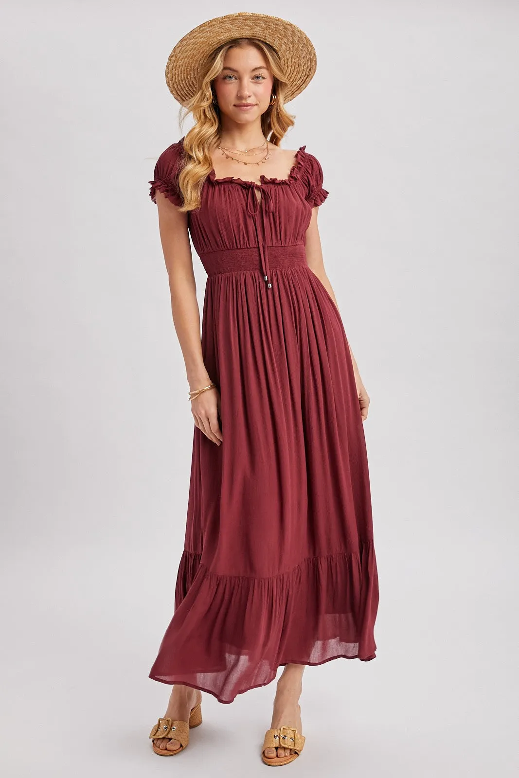 Burgundy Smocked Waist Off Shoulder Maternity Maxi Dress sold by Pinkblush product image thumbnail 4