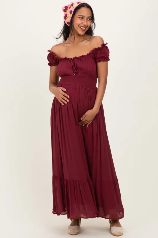 Burgundy Smocked Waist Off Shoulder Maternity Maxi Dress sold by Pinkblush