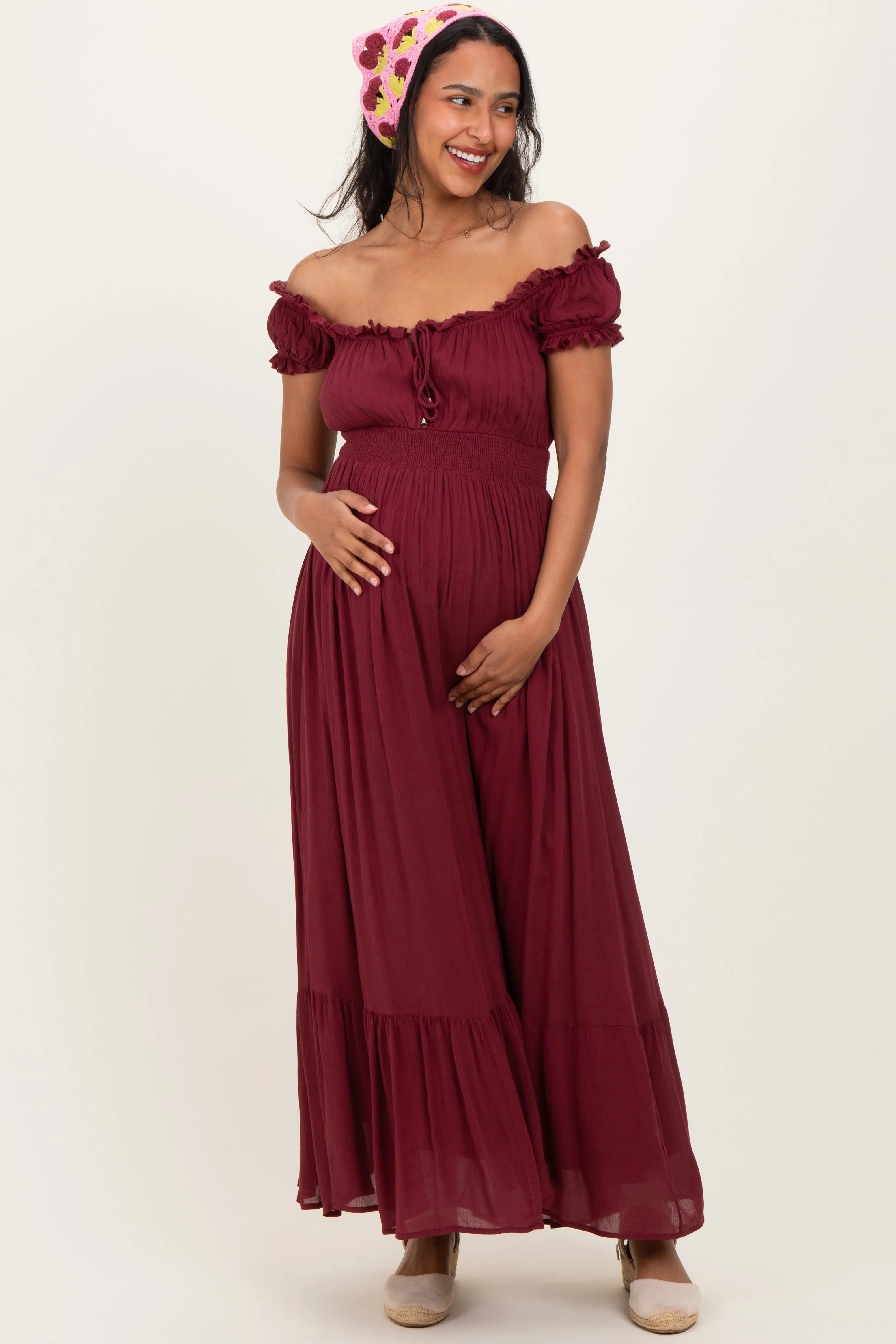 Burgundy Smocked Waist Off Shoulder Maternity Maxi Dress sold by Pinkblush